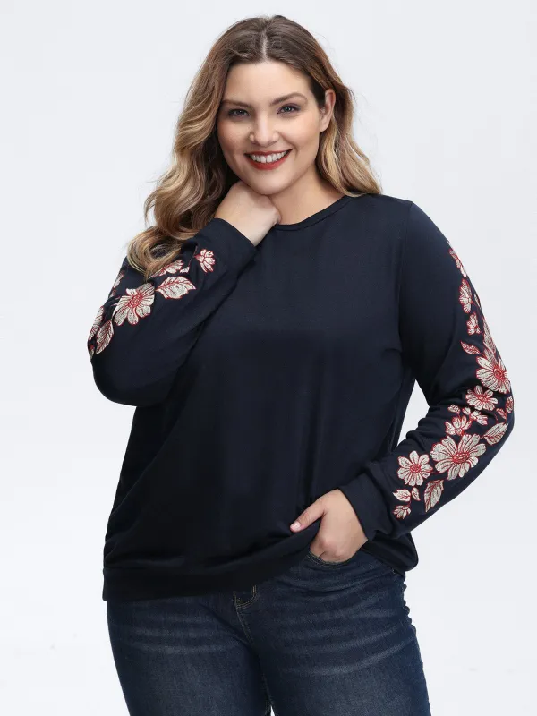 Embroidered Sleeve Relaxed-Fit Sweatshirt sold by Bloomchic