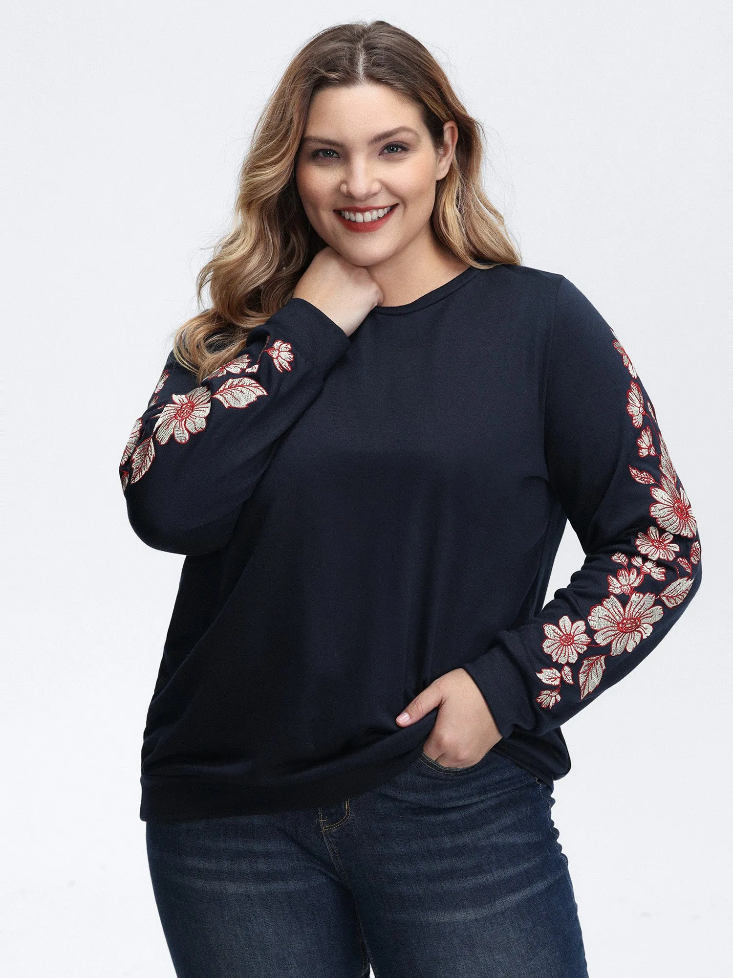 Embroidered Sleeve Relaxed-Fit Sweatshirt sold by Bloomchic