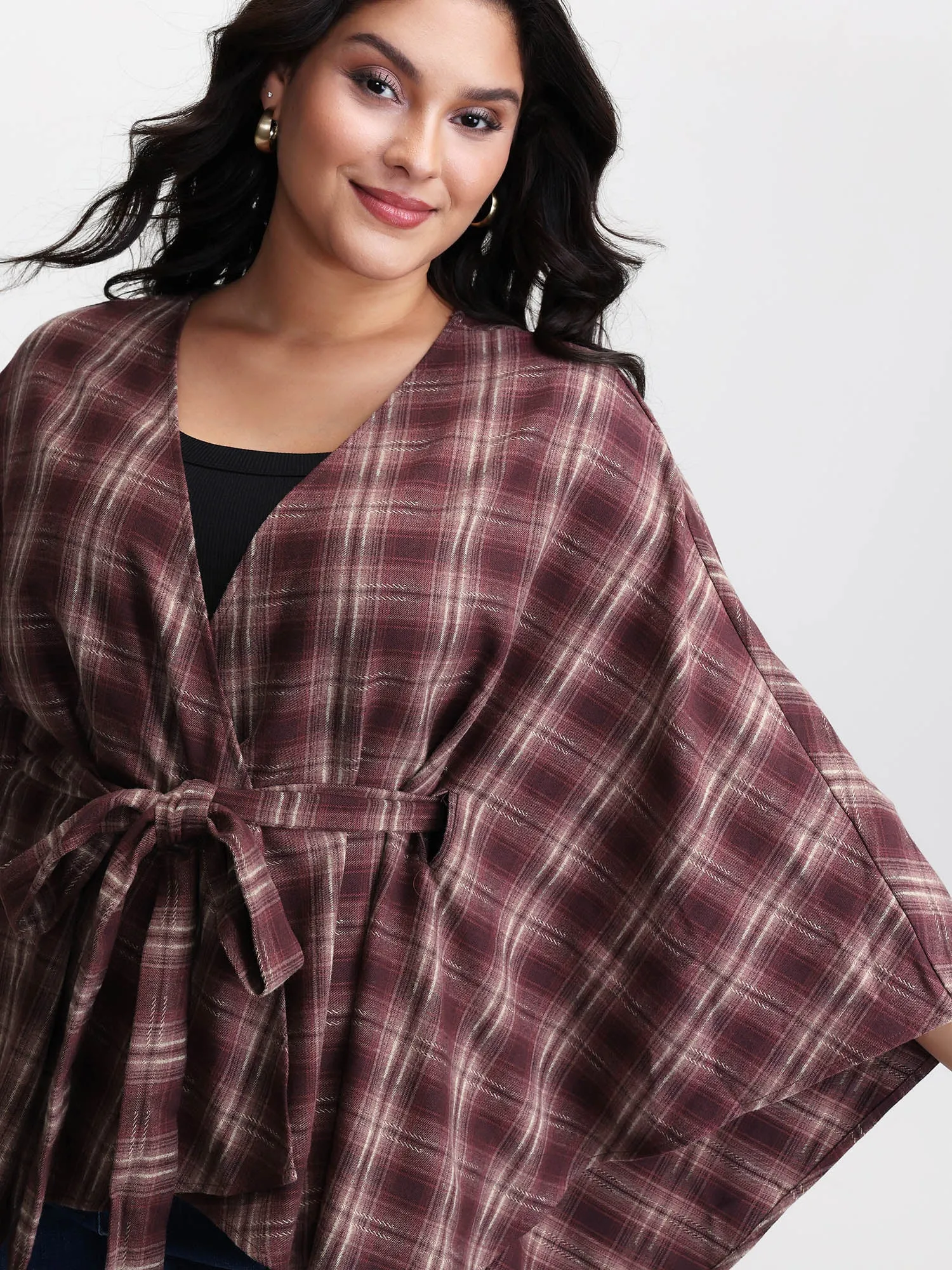 Plaid Asymmetrical Hem Cinched-Waist Coat sold by Bloomchic product image thumbnail 2