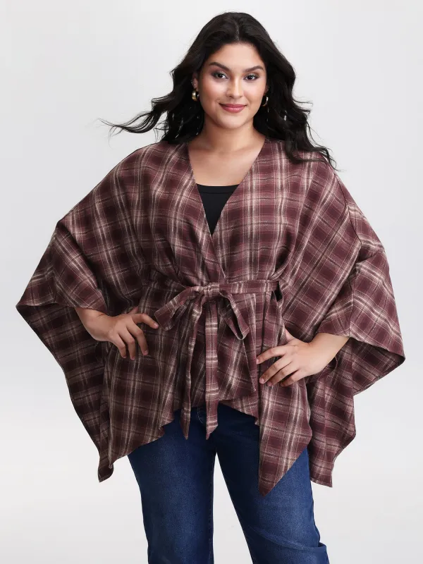 Plaid Asymmetrical Hem Cinched-Waist Coat sold by Bloomchic