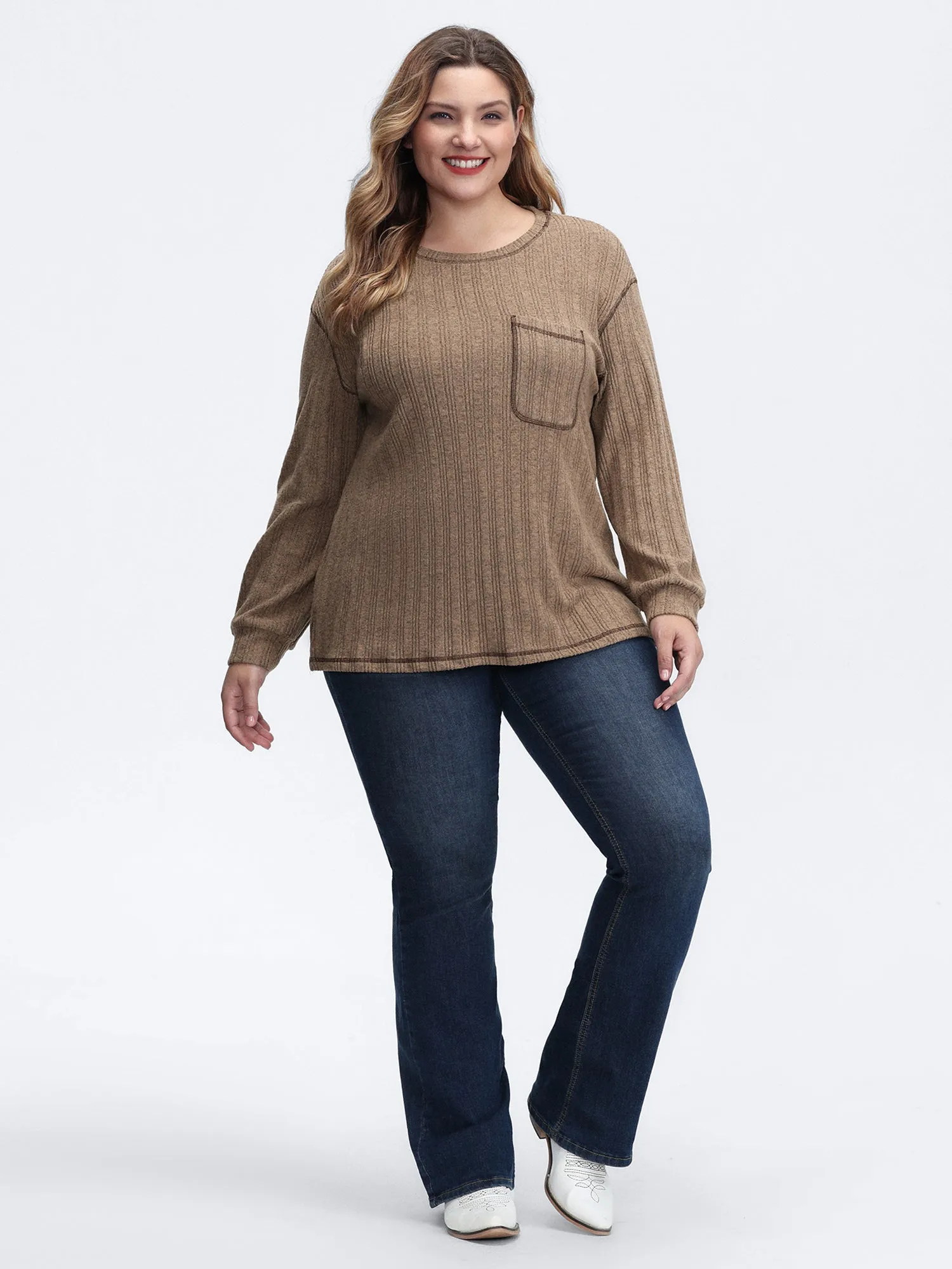 Textured Patch Pocket Round Neck Sweatshirt sold by Bloomchic product image thumbnail 3
