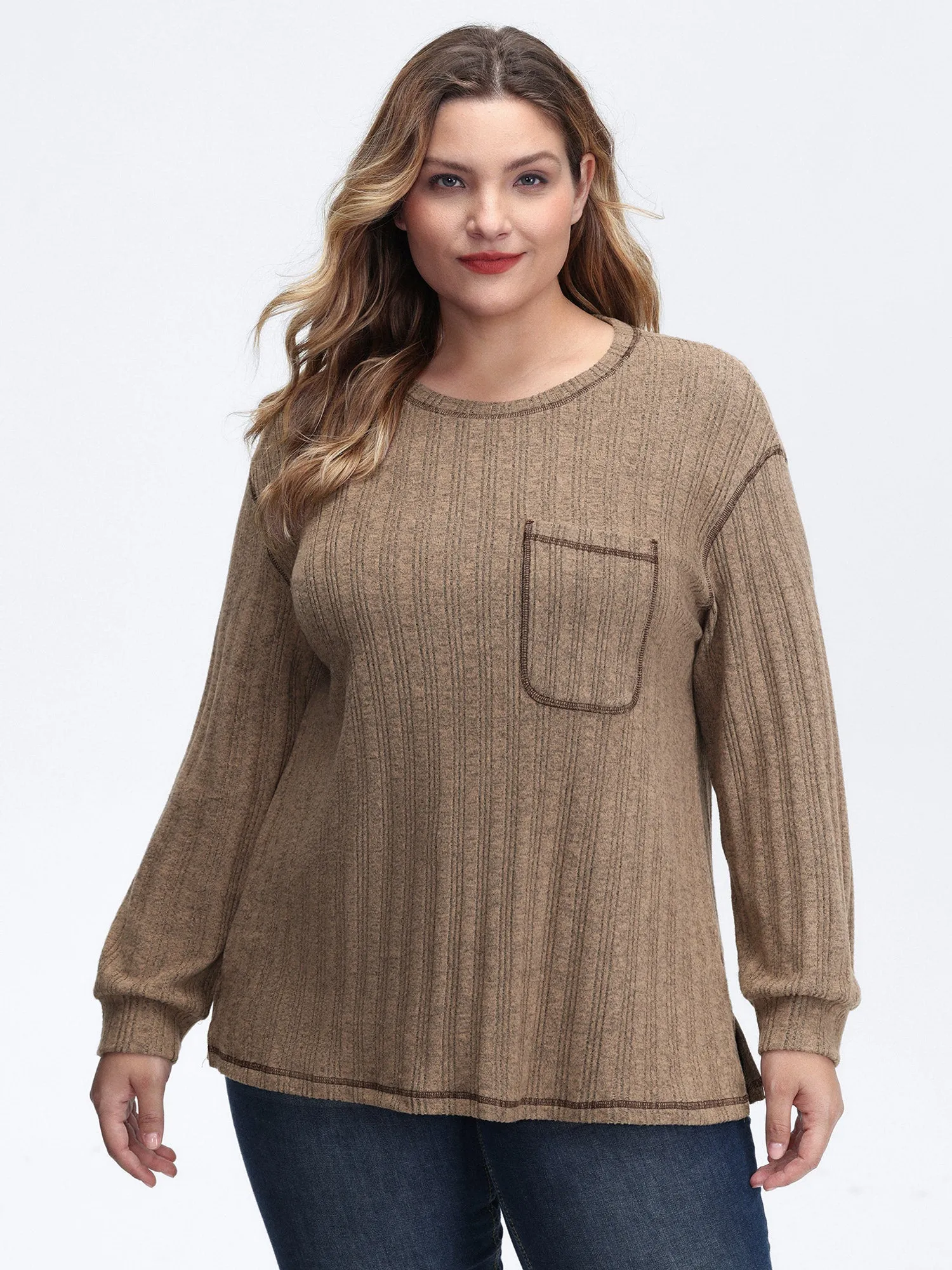 Textured Patch Pocket Round Neck Sweatshirt sold by Bloomchic