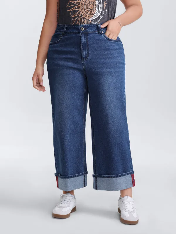 Rolled Cuffs Webbed Wide-Leg Jeans sold by Bloomchic