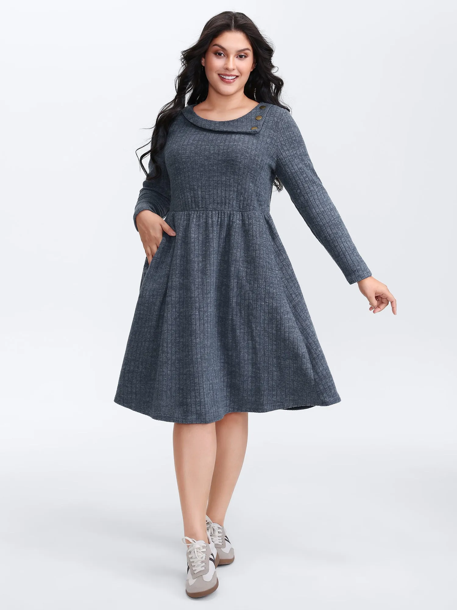 Waffle Velvety Feel Asymmetrical Neck Midi Dress sold by Bloomchic product image thumbnail 3