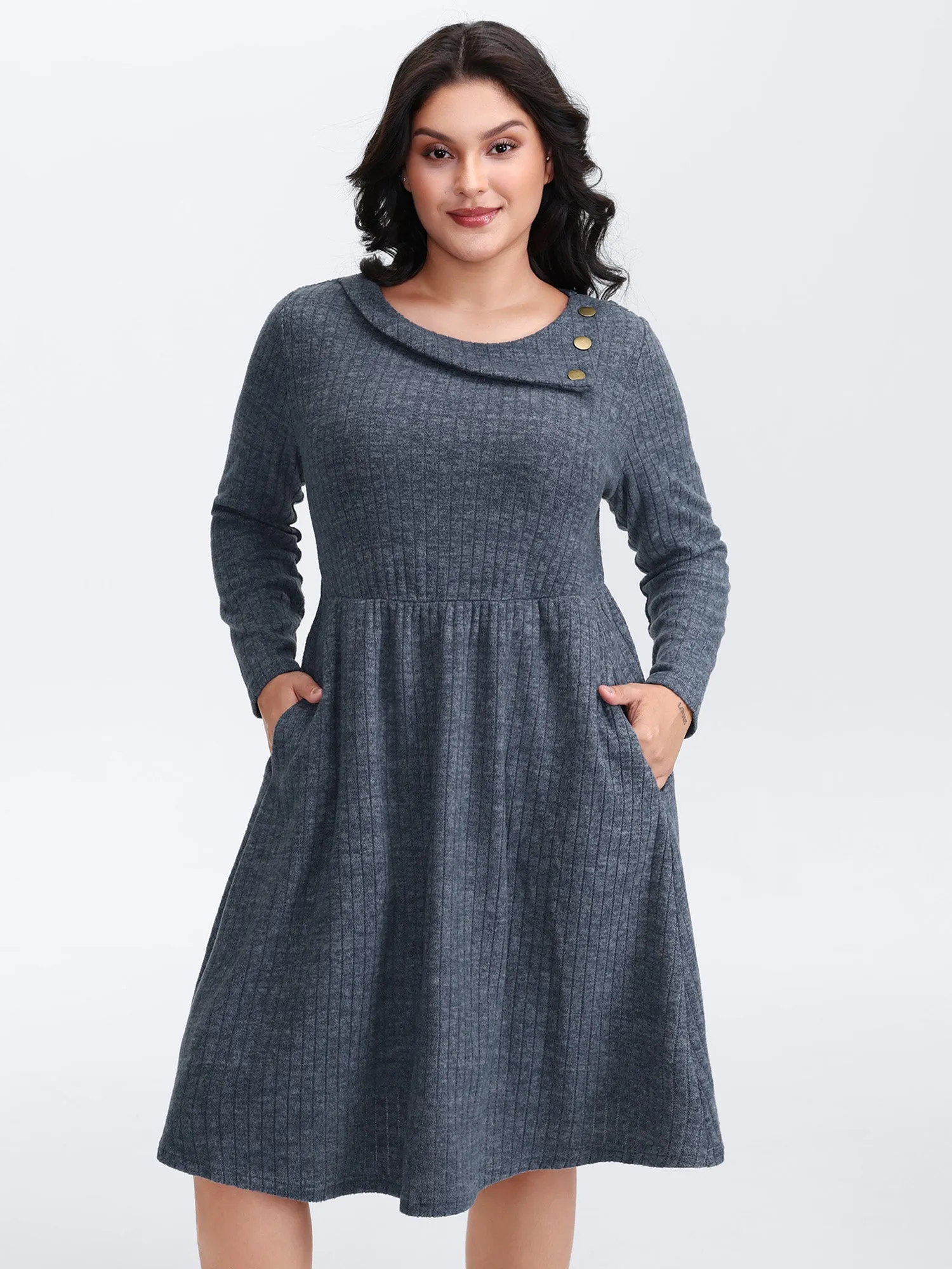 Waffle Velvety Feel Asymmetrical Neck Midi Dress sold by Bloomchic