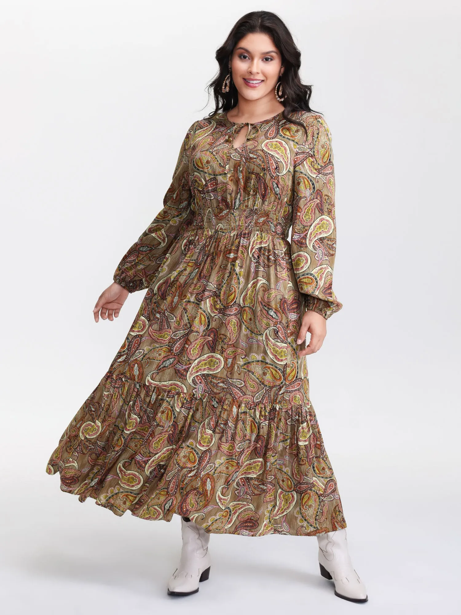 Paisley Print Neck-Tie Tiered Maxi Dress sold by Bloomchic