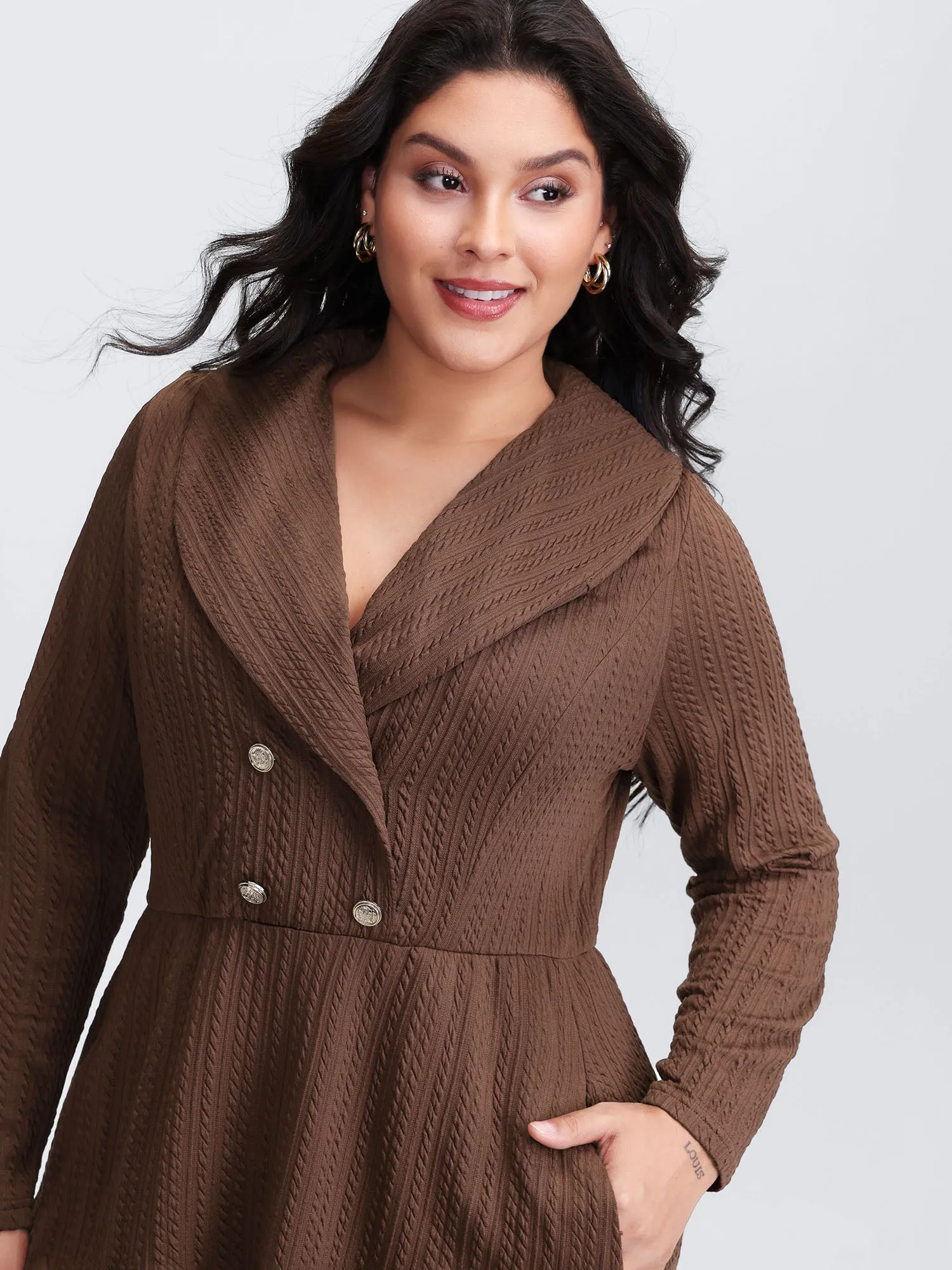 Cable Knit Double Decorative Button Knee-Length Dress sold by Bloomchic product image thumbnail 2