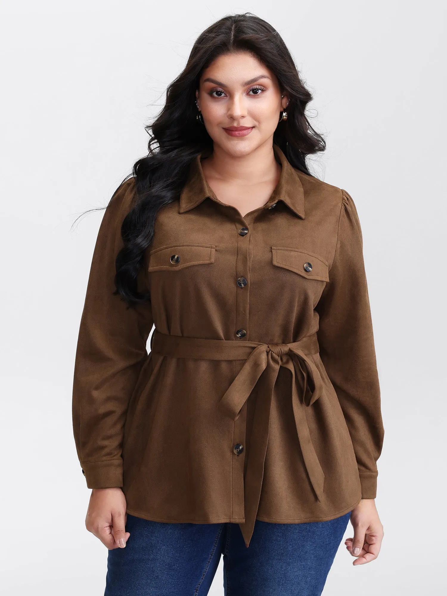 Suede Open-Front Belted Long Shirt sold by Bloomchic