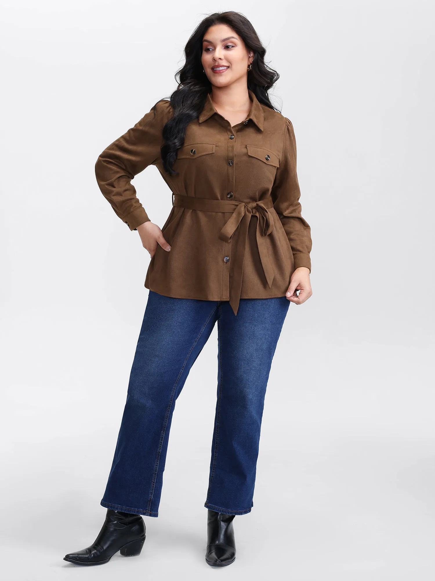 Suede Open-Front Belted Long Shirt sold by Bloomchic product image thumbnail 3