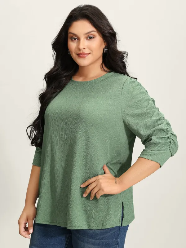 Textured Stretchy Three-Quarter Sleeve T-Shirt sold by Bloomchic