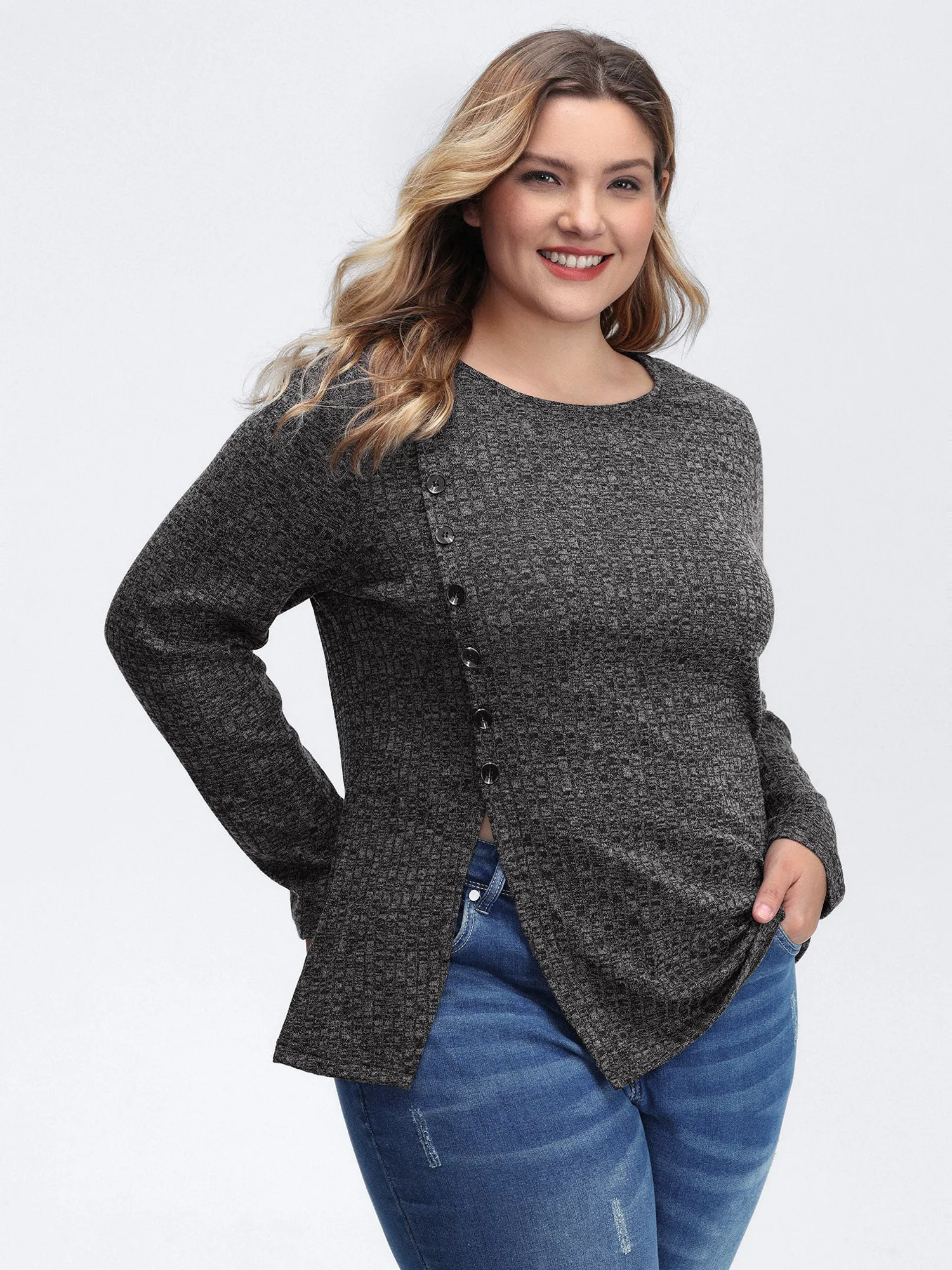 Stretchy Side Button Detail Slit T-Shirt sold by Bloomchic