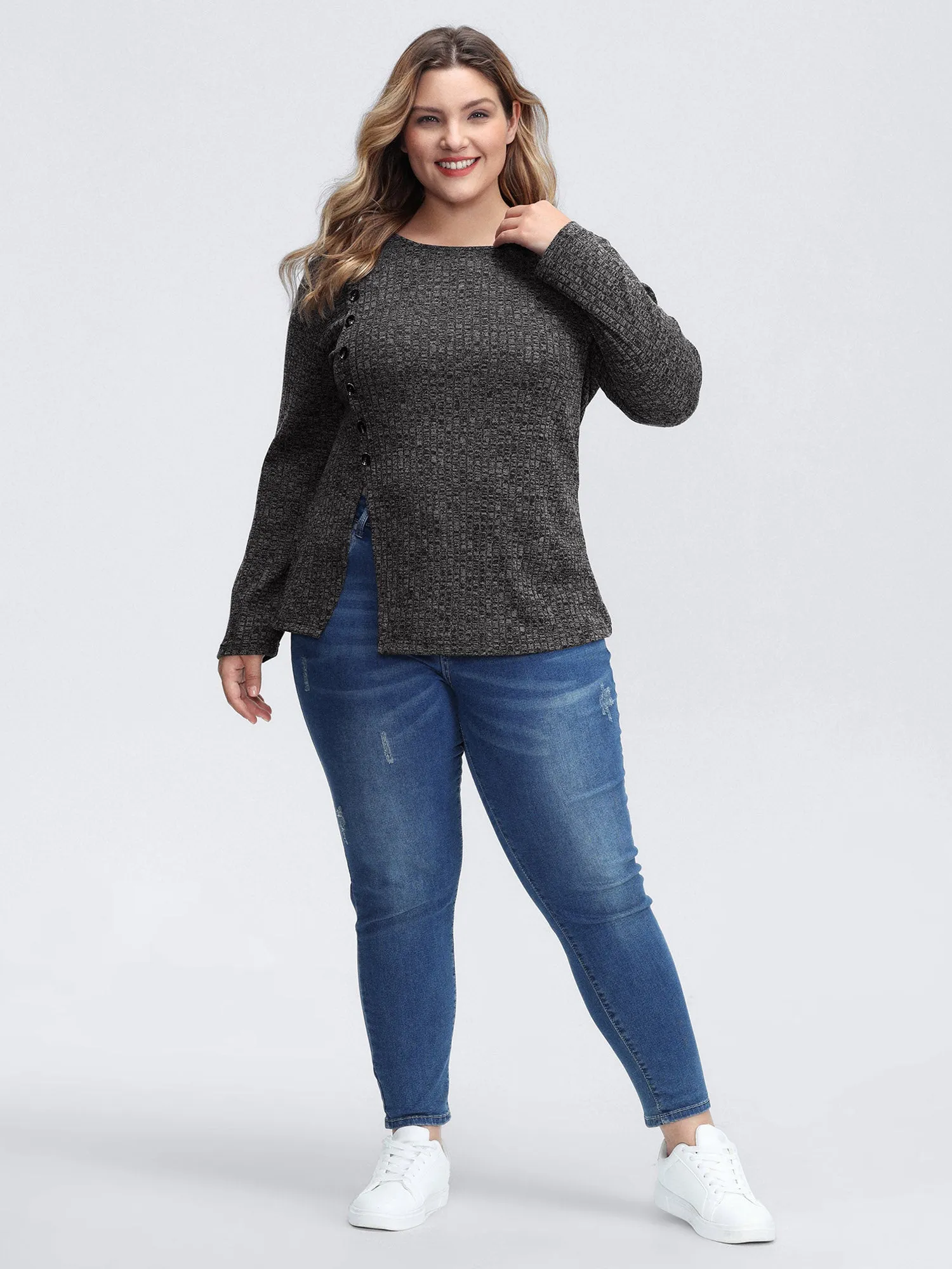 Stretchy Side Button Detail Slit T-Shirt sold by Bloomchic product image thumbnail 3