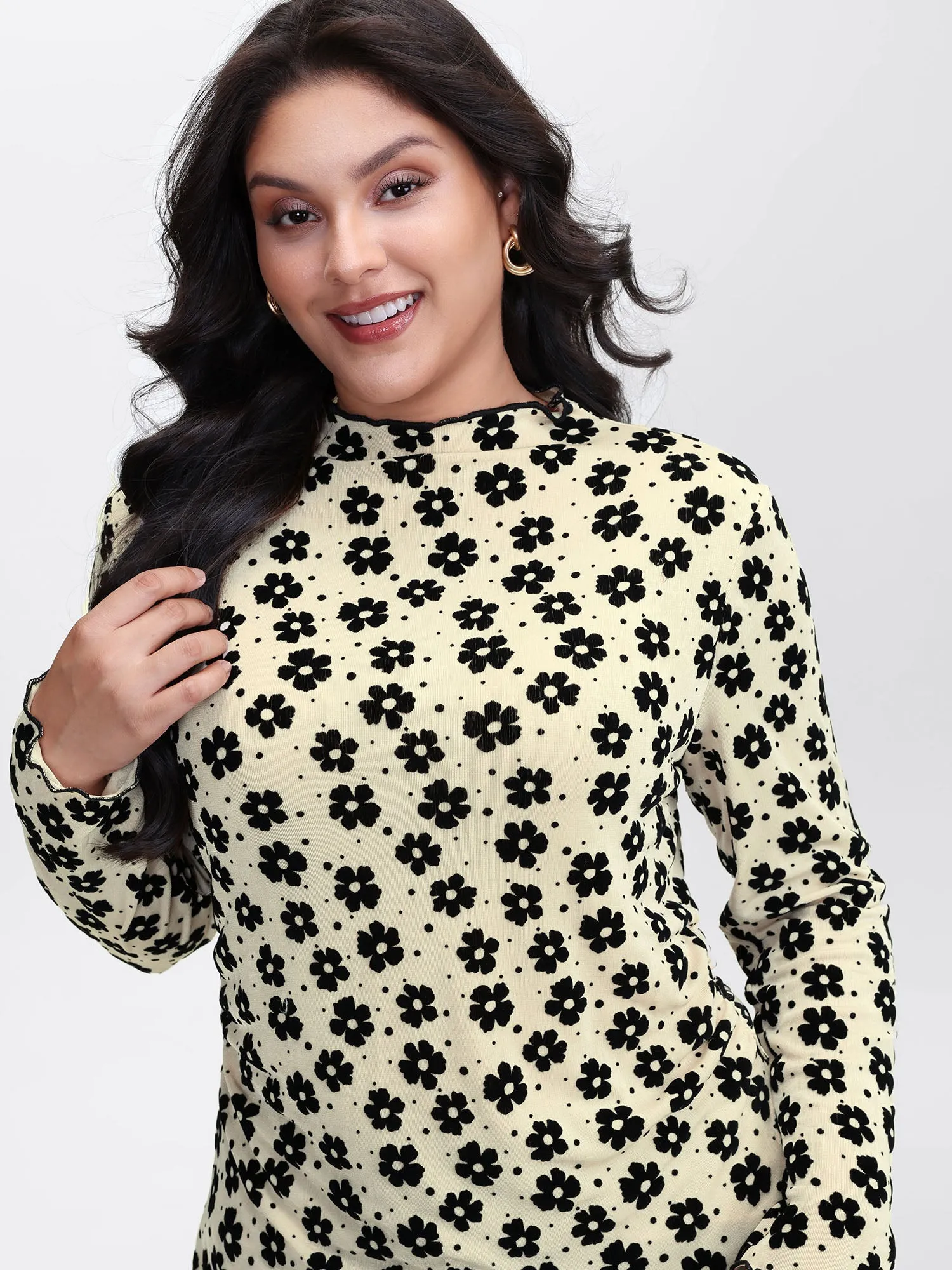 Floral Print Stretchy Mock Neck T-Shirt sold by Bloomchic