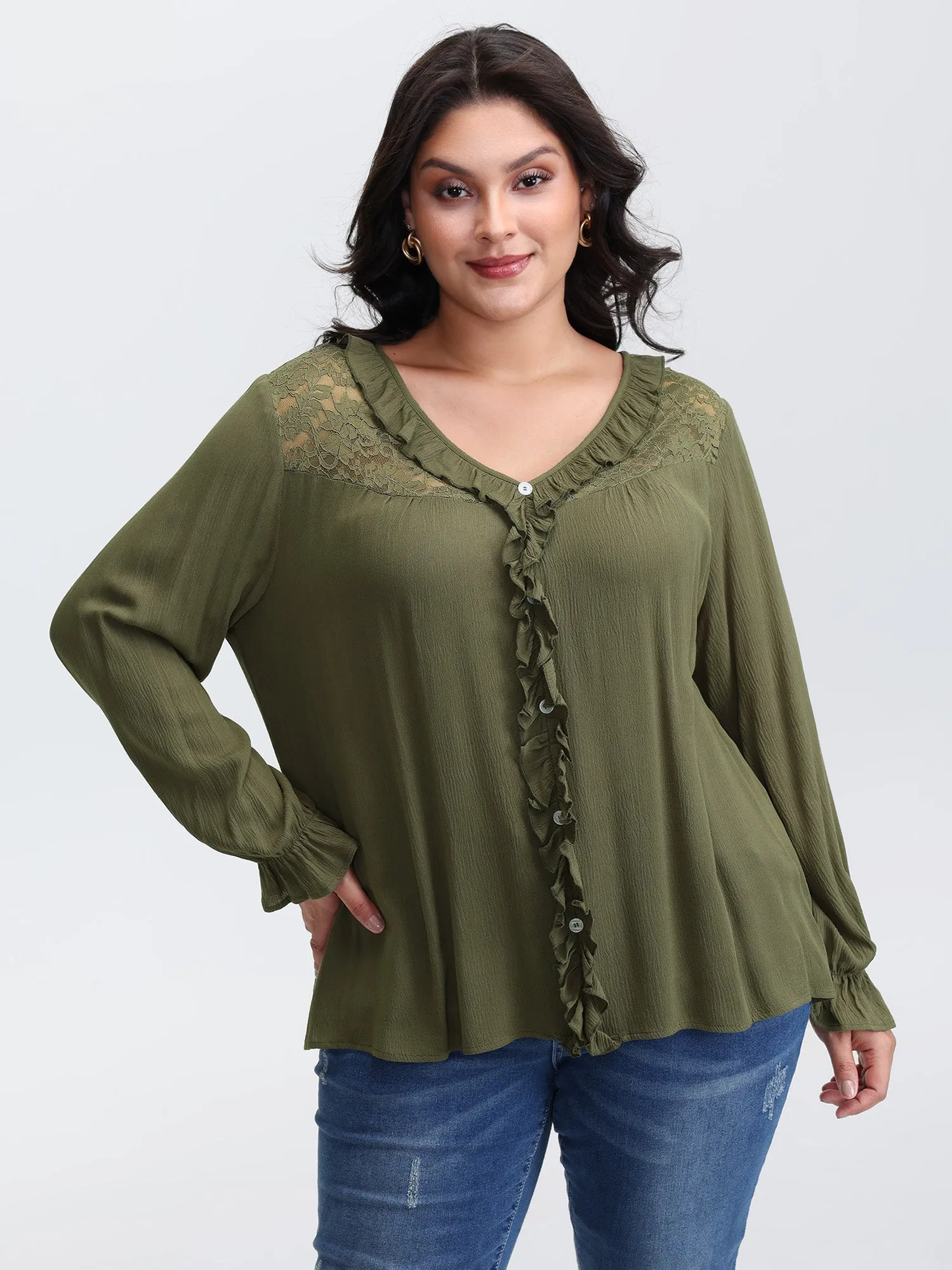 Lace Trim Ruffled Edge Button Blouse sold by Bloomchic