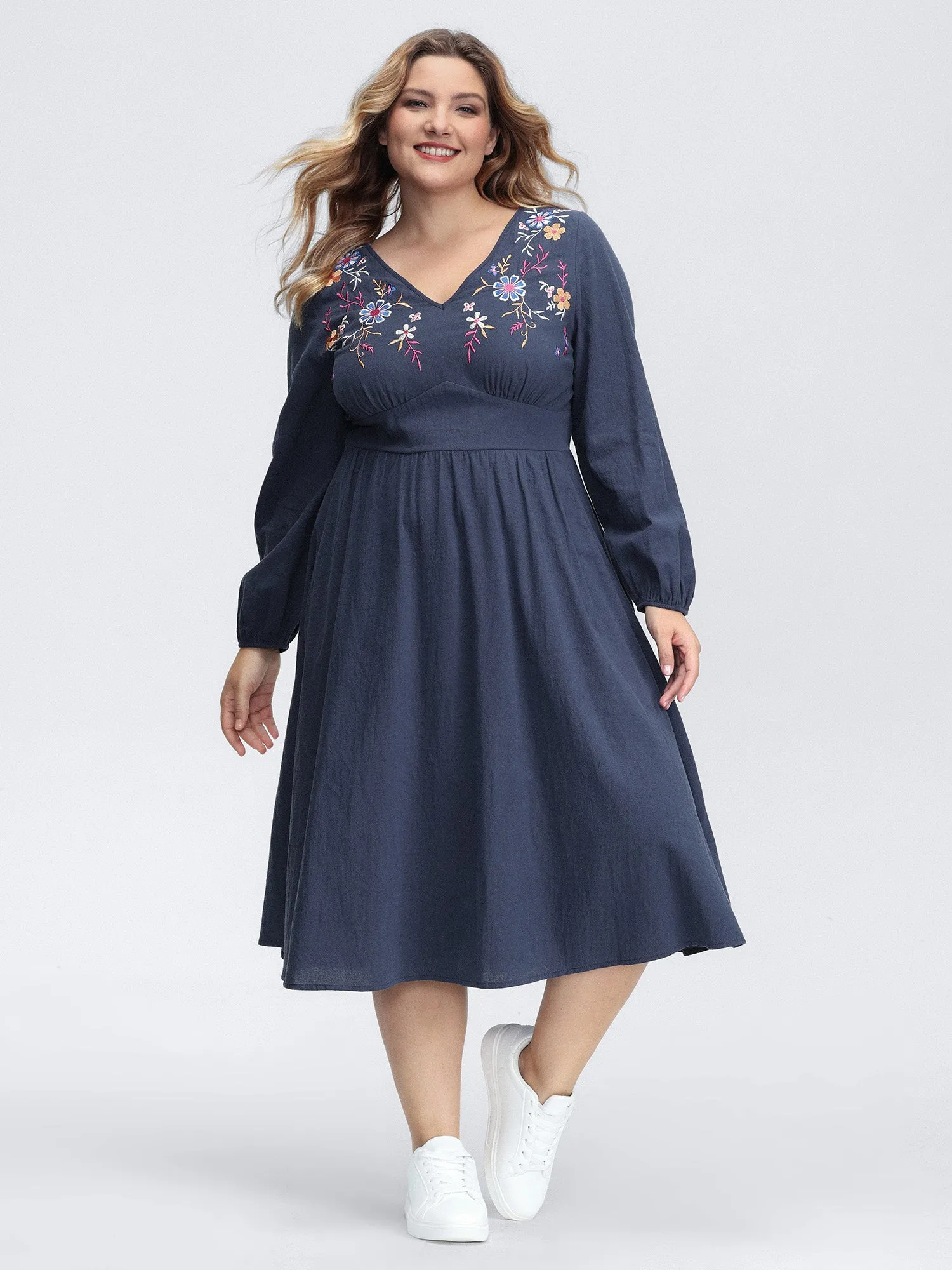Pure Cotton Embroidered Neckline Midi Dress sold by Bloomchic
