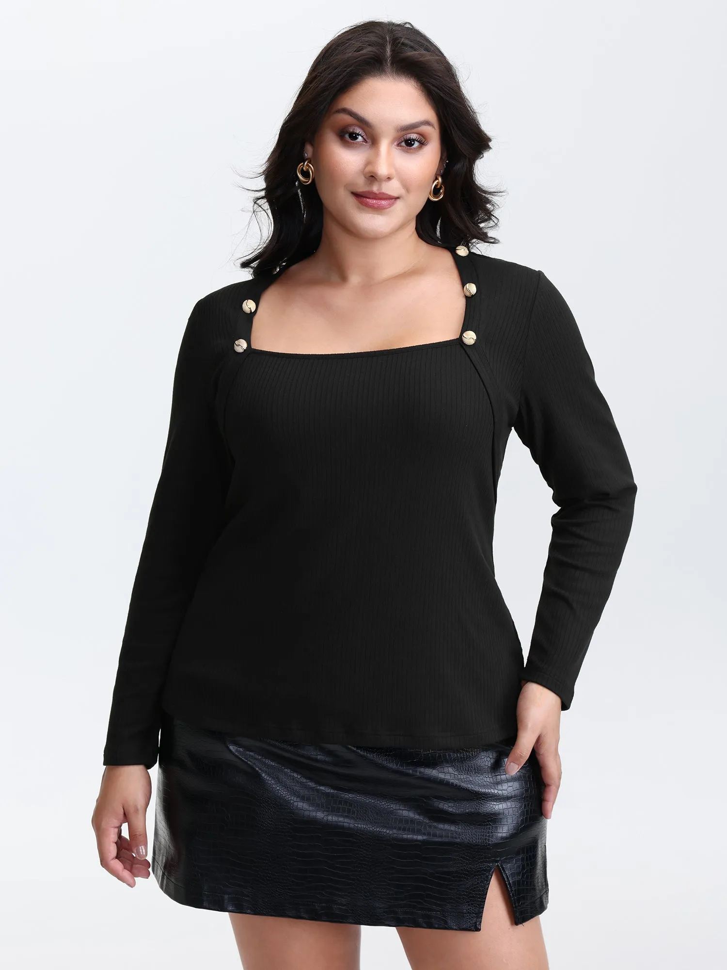 Supersoft Metallic Button Solid Knit Top sold by Bloomchic