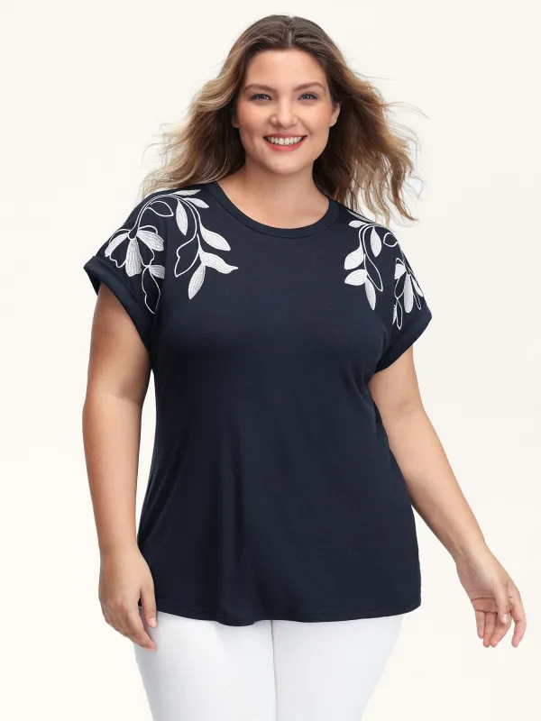 Leaf Embroidery Round Neck Split T-Shirt sold by Bloomchic