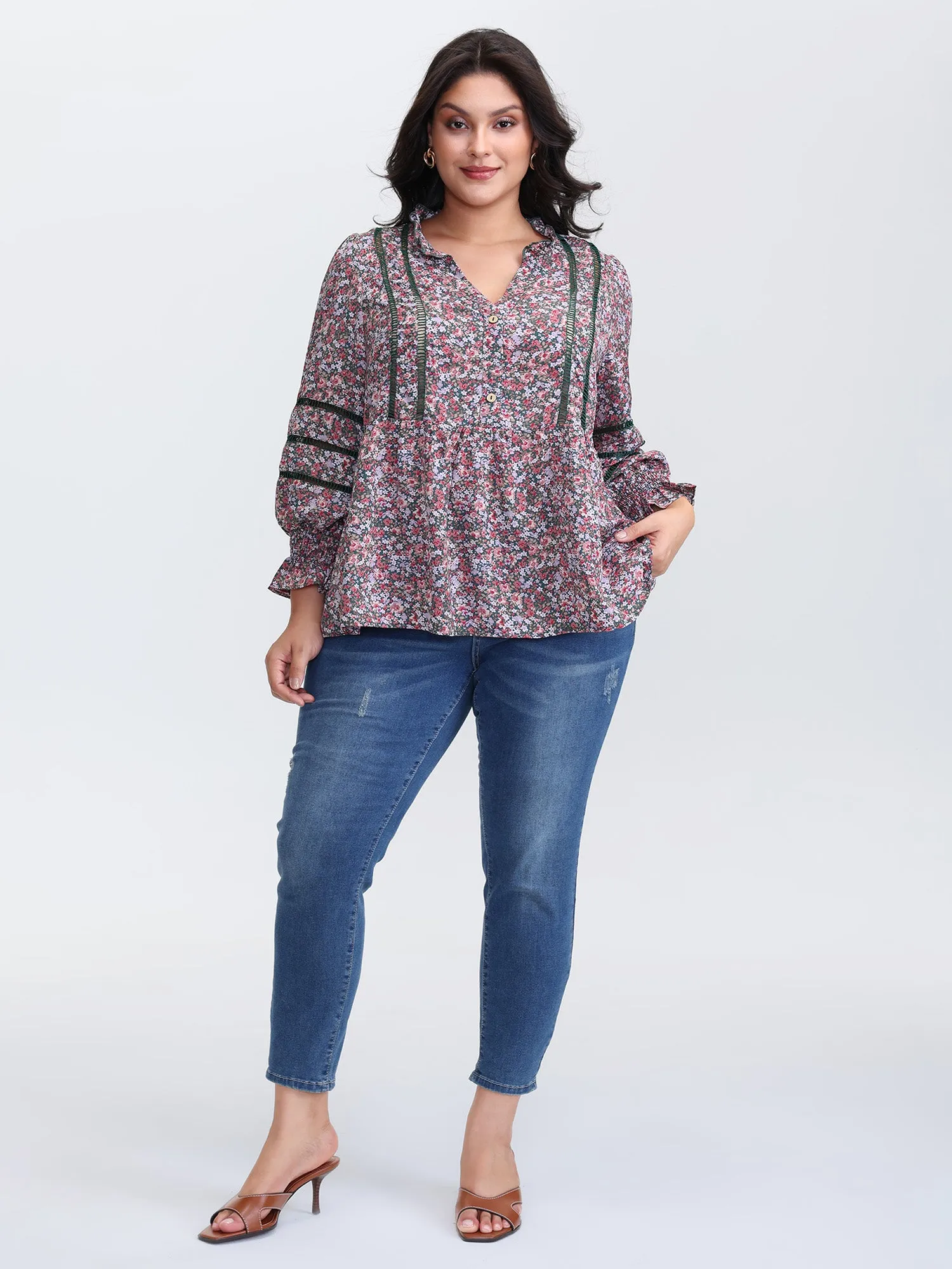 Floral Print Lace Trim Placket Blouse sold by Bloomchic product image thumbnail 3