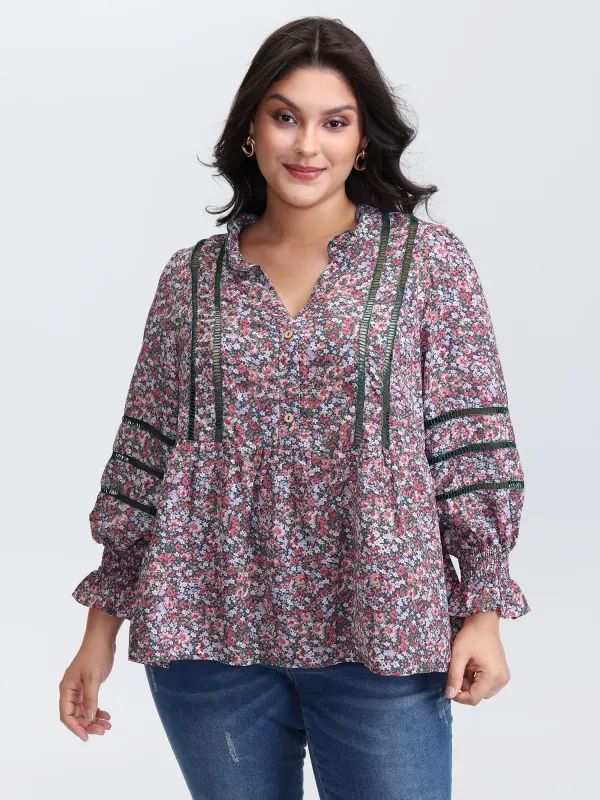 Floral Print Lace Trim Placket Blouse sold by Bloomchic