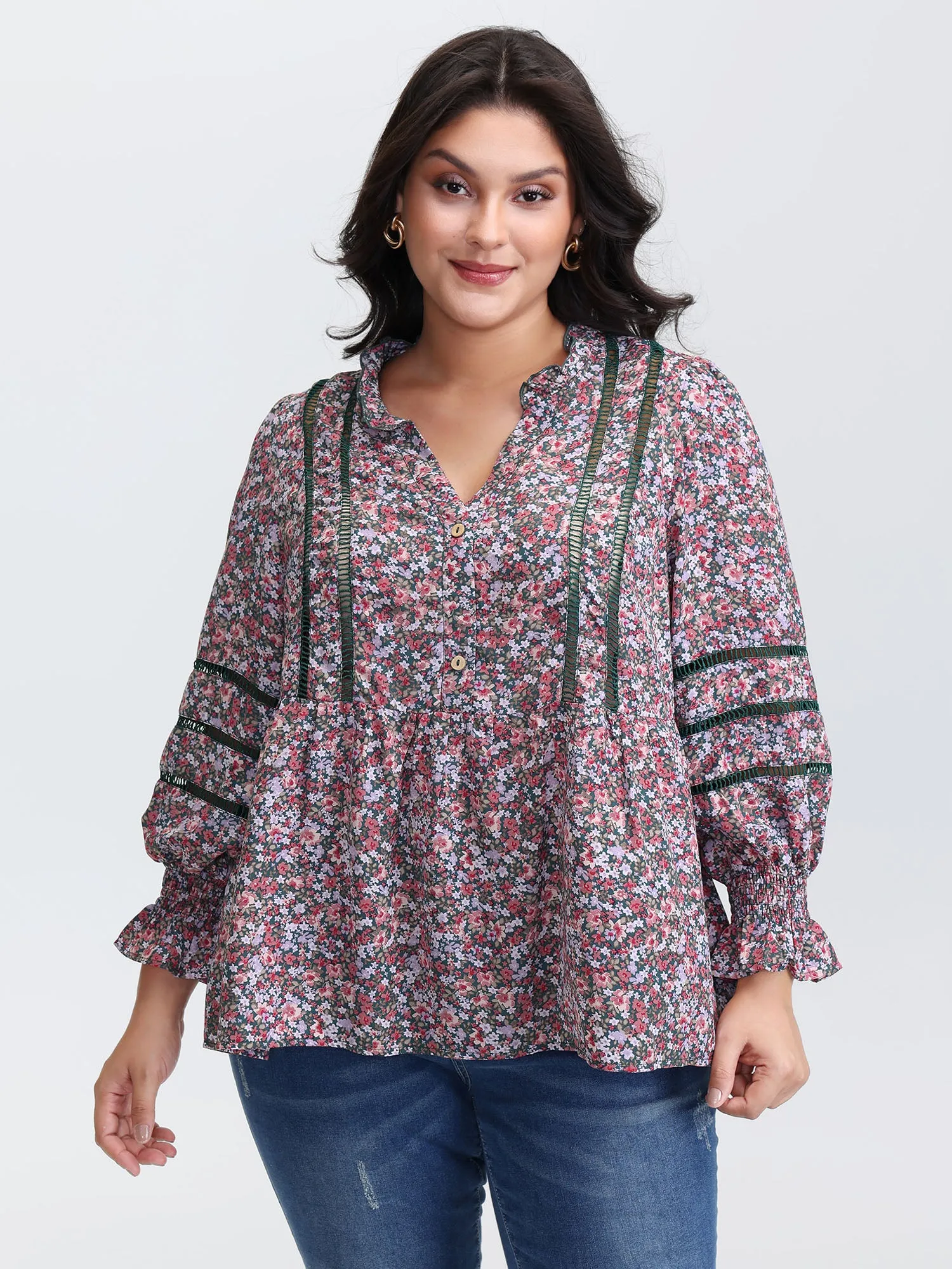 Floral Print Lace Trim Placket Blouse sold by Bloomchic