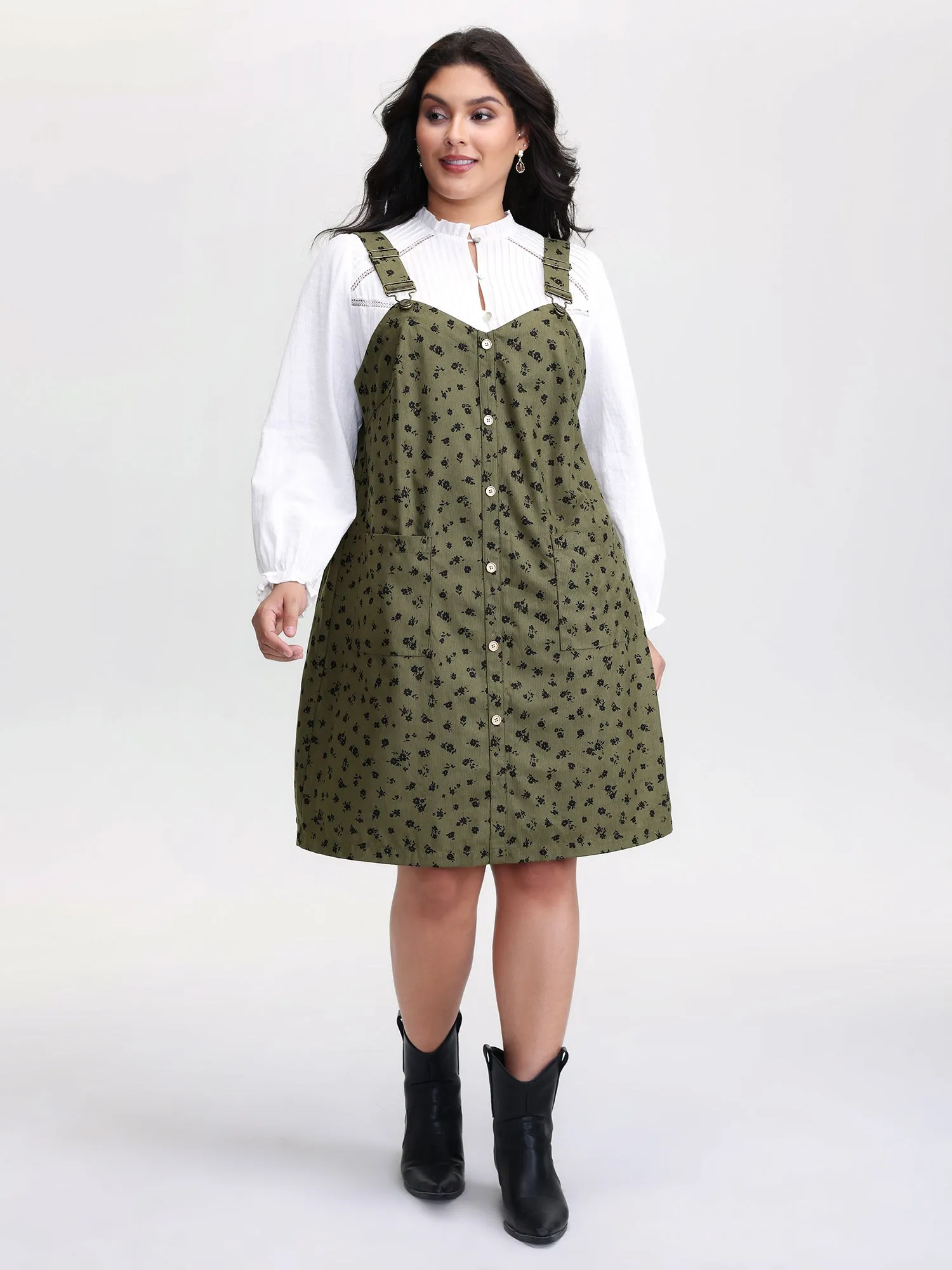 Floral Print Textured Overall Adjustable Midi Dress sold by Bloomchic product image thumbnail 3