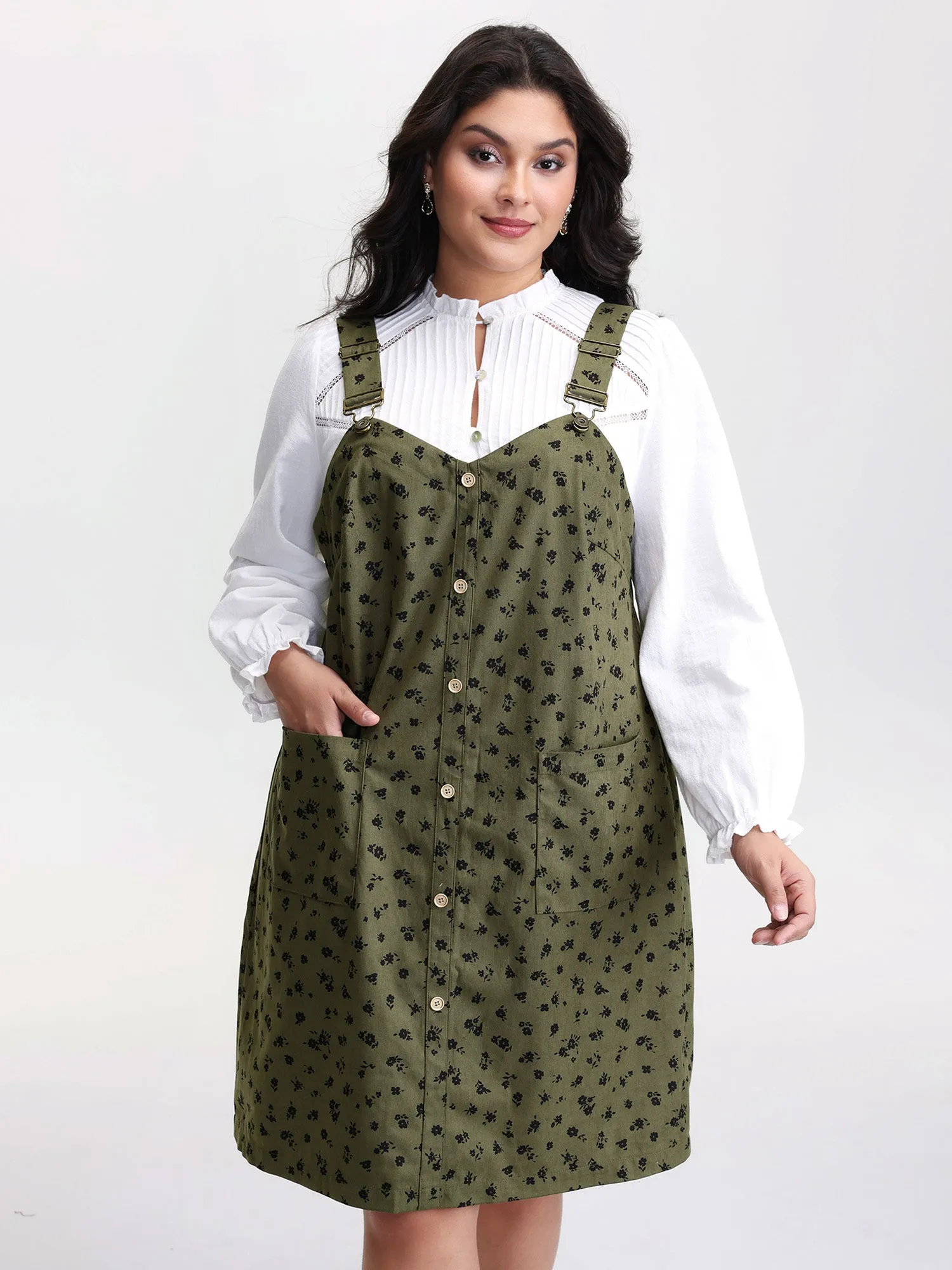 Floral Print Textured Overall Adjustable Midi Dress sold by Bloomchic