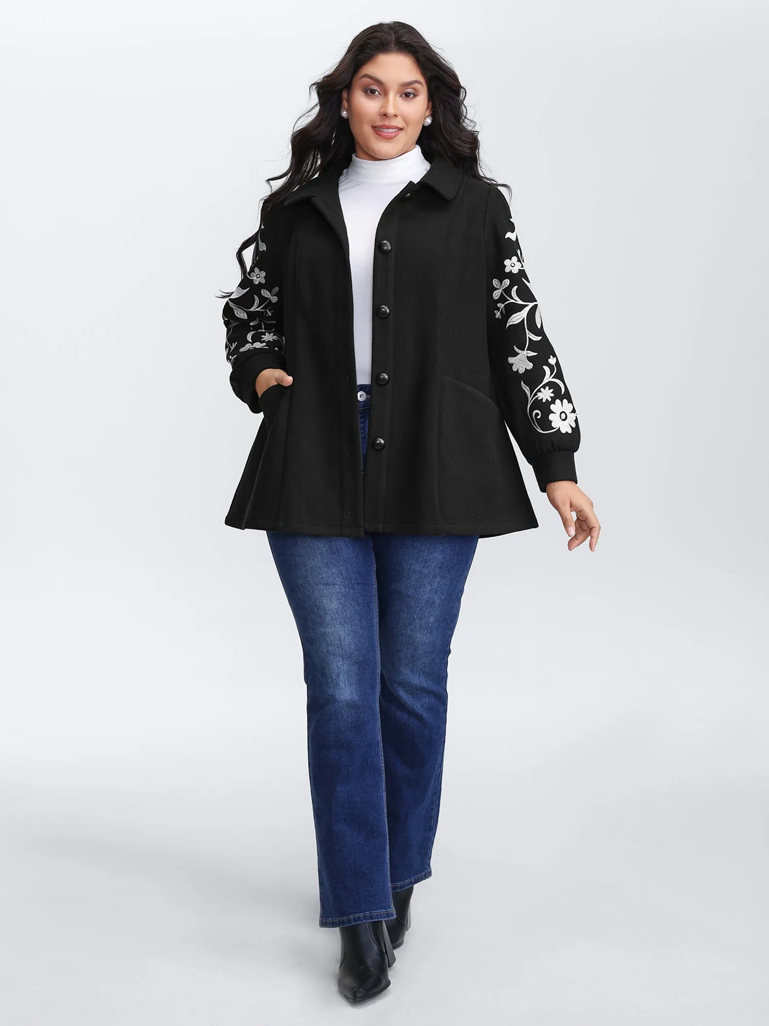 Floral Embroidered Sleeve Slant Pockets Coat sold by Bloomchic product image thumbnail 3