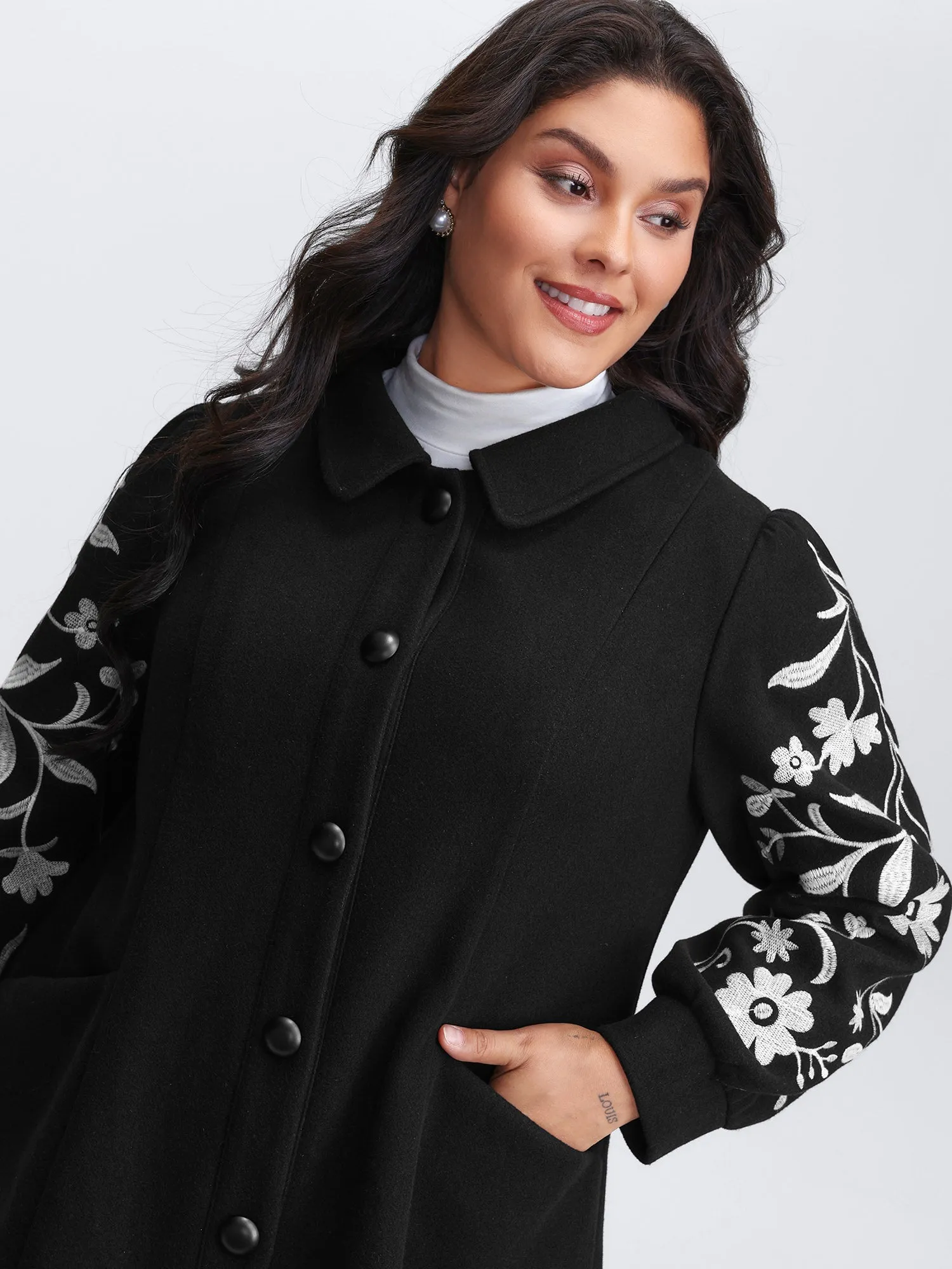 Floral Embroidered Sleeve Slant Pockets Coat sold by Bloomchic product image thumbnail 2