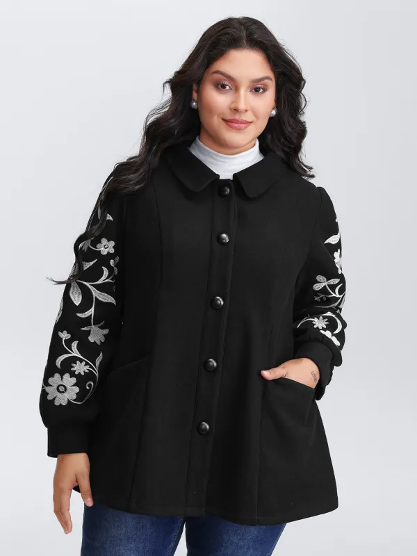 Floral Embroidered Sleeve Slant Pockets Coat sold by Bloomchic