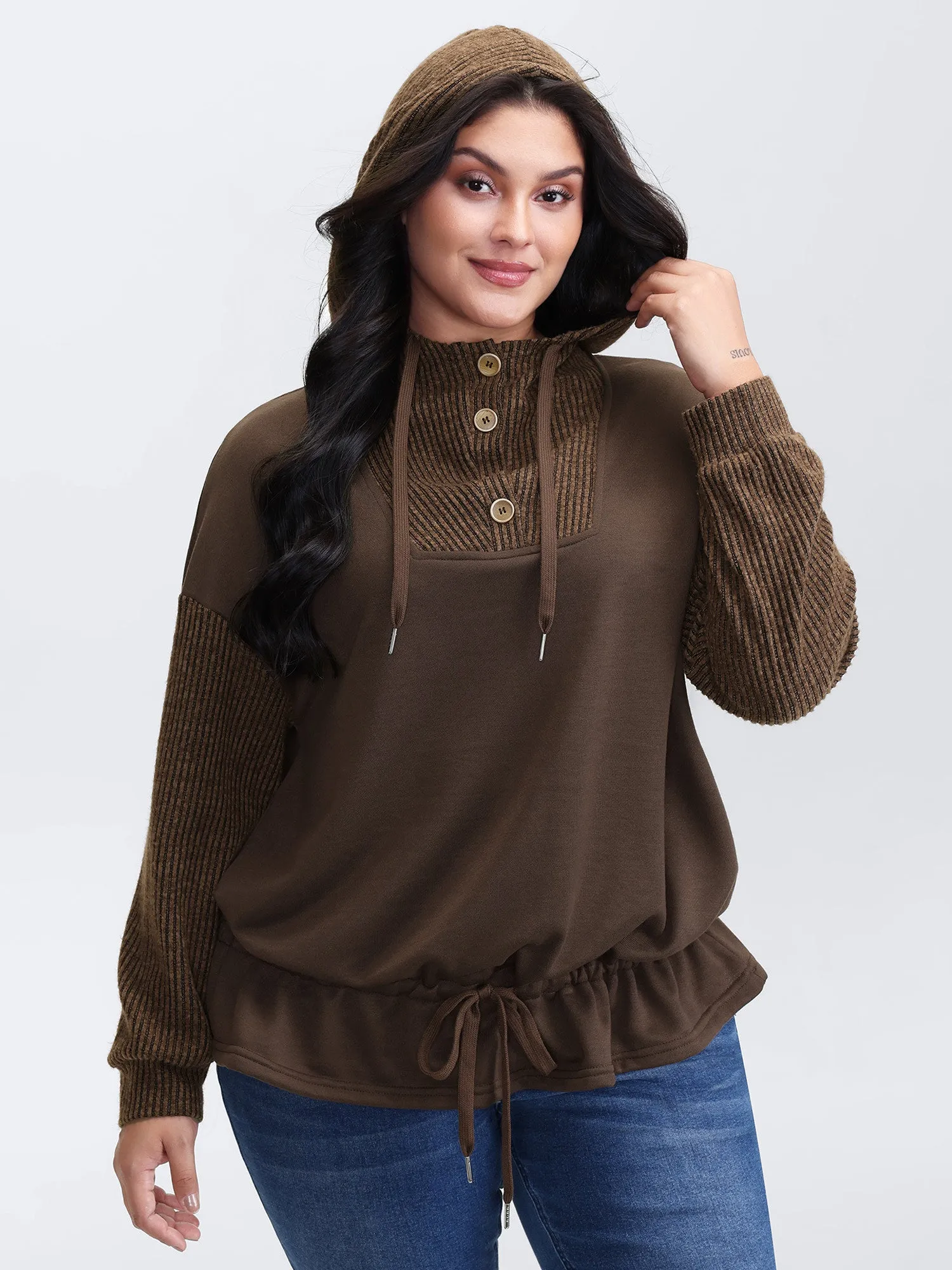 Drawstring Mixed Material Button Hoodie sold by Bloomchic product image thumbnail 4