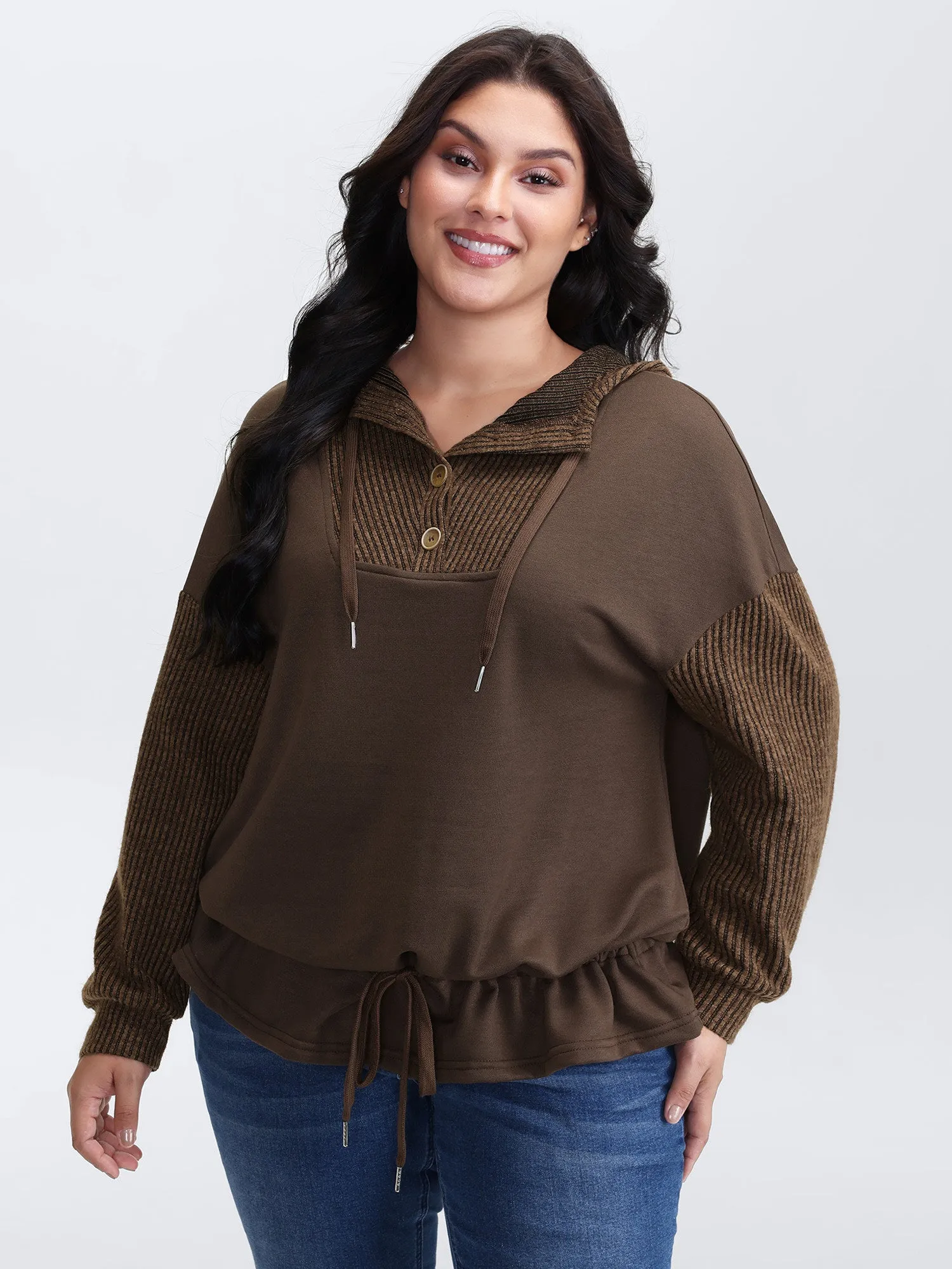 Drawstring Mixed Material Button Hoodie sold by Bloomchic product image thumbnail 2