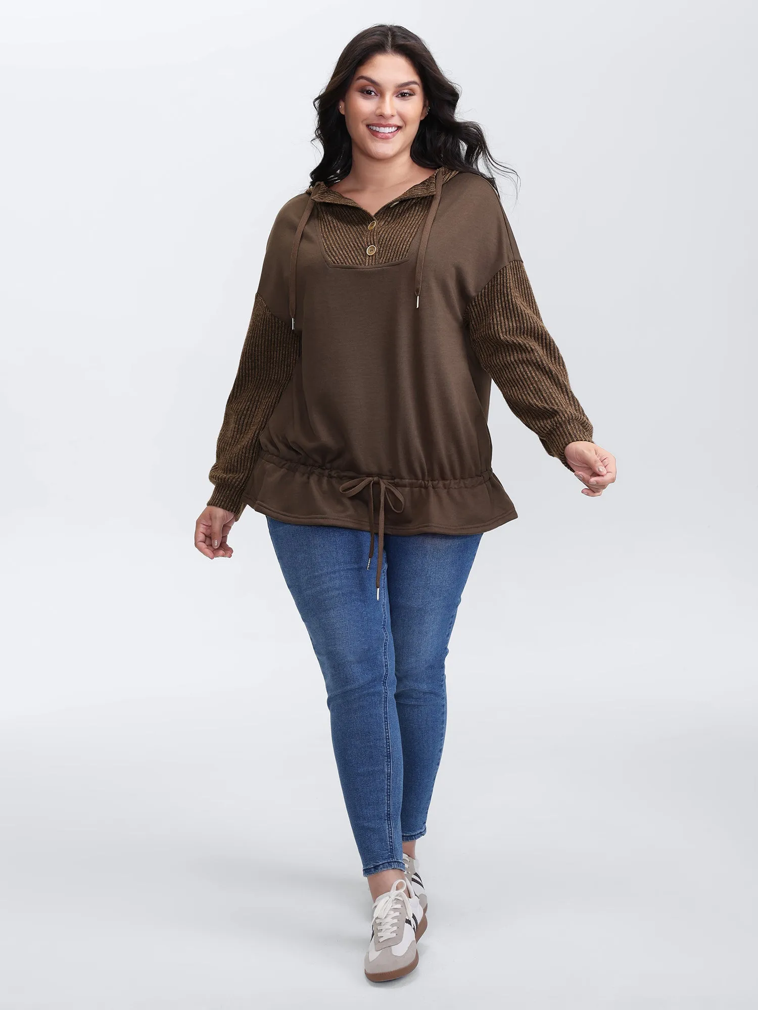 Drawstring Mixed Material Button Hoodie sold by Bloomchic product image thumbnail 3