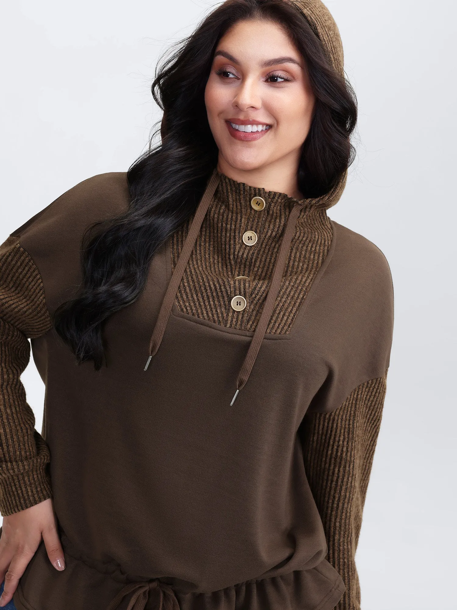 Drawstring Mixed Material Button Hoodie sold by Bloomchic