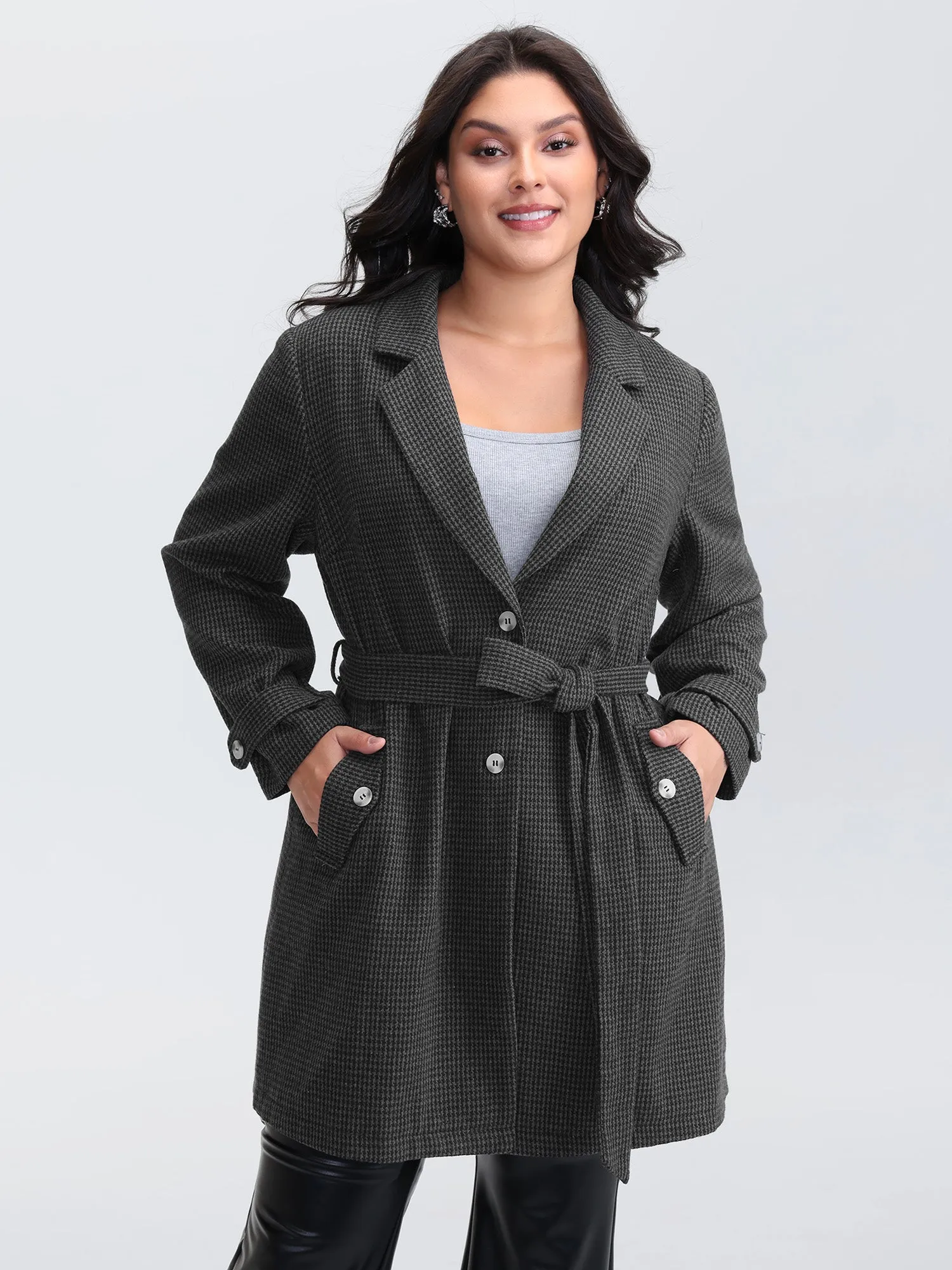 Houndstooth Button Detail Belted Coat sold by Bloomchic