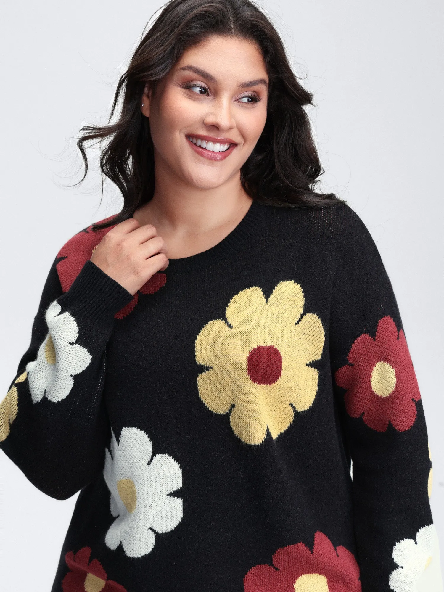 Flower Pattern Jacquard Crew Neck Pullover sold by Bloomchic