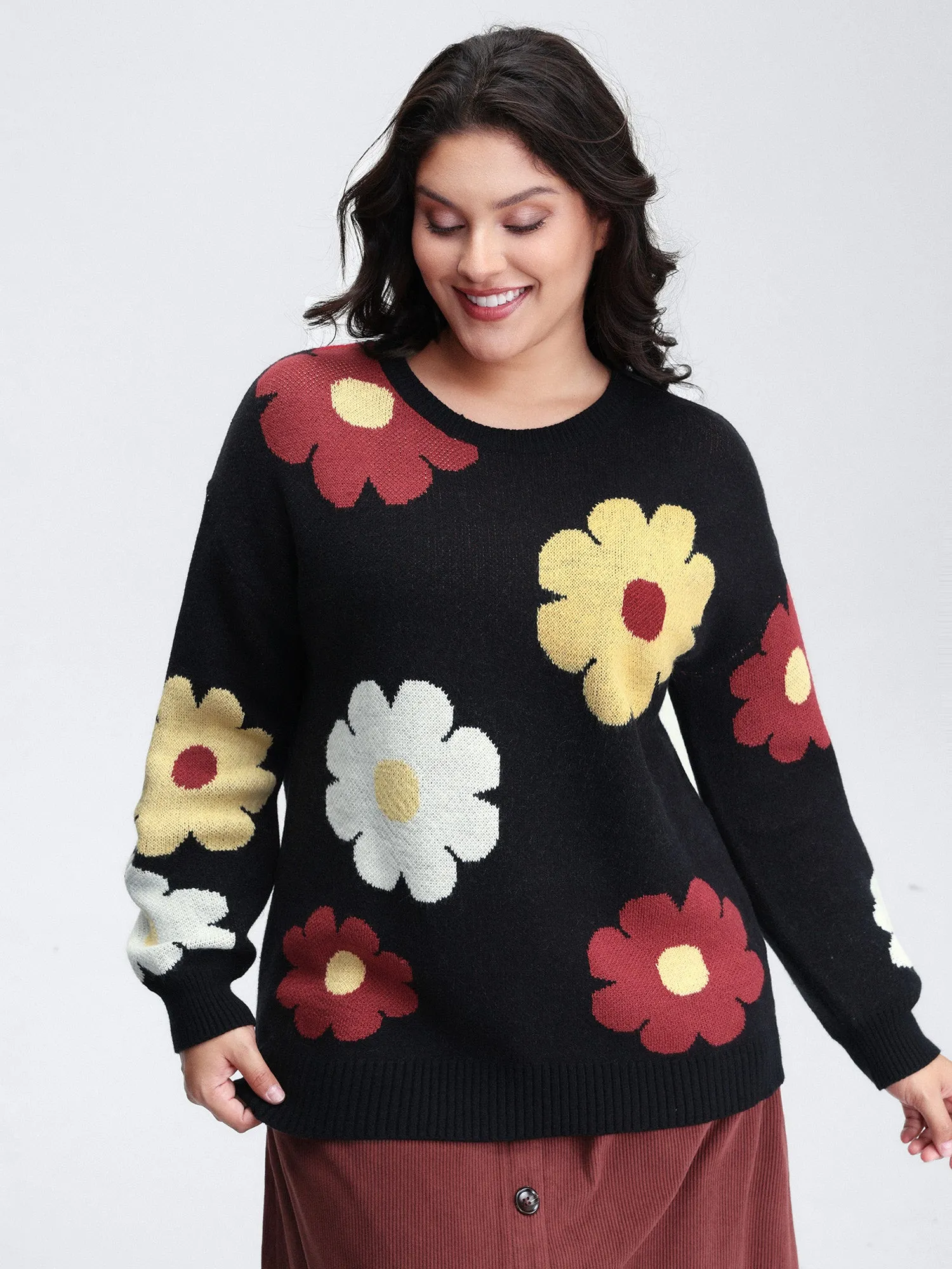 Flower Pattern Jacquard Crew Neck Pullover sold by Bloomchic product image thumbnail 2