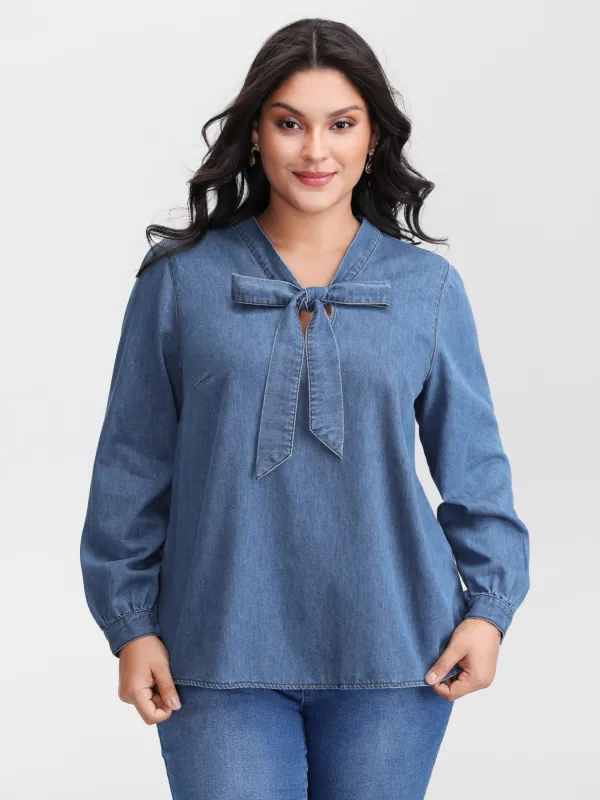 Adjustable Tie Collar Denim Top sold by Bloomchic