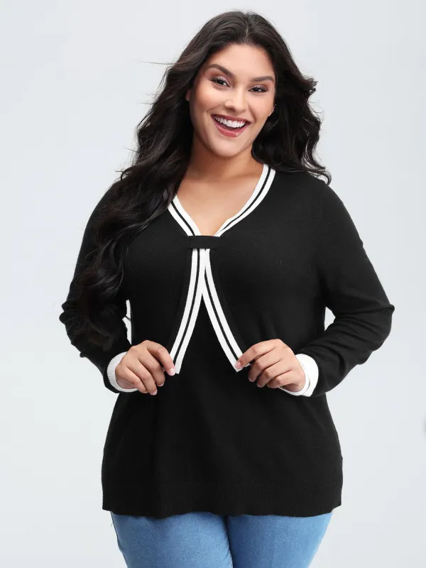 V-Neck Contrast Long Sleeve Pullover sold by Bloomchic