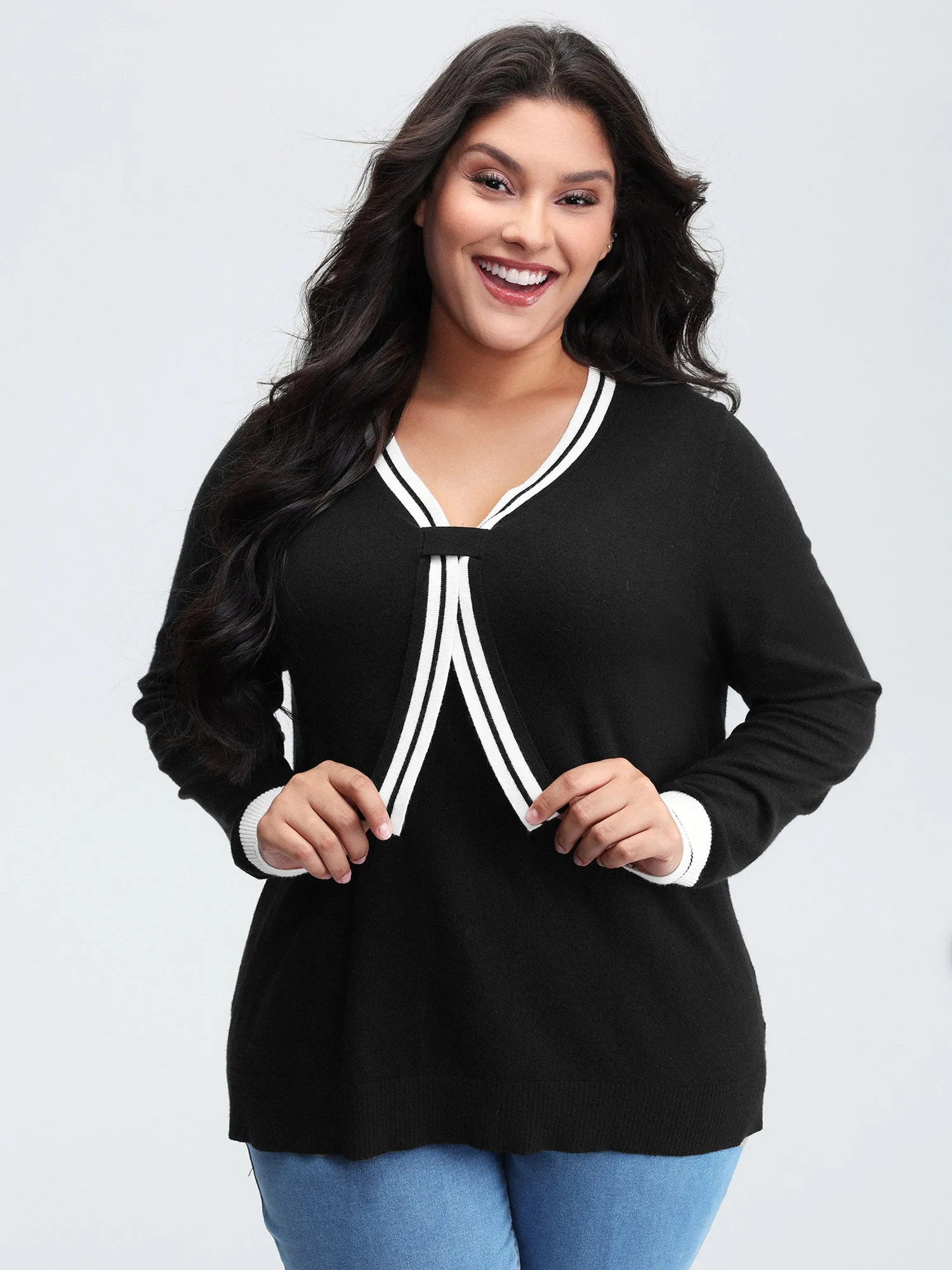 V-Neck Contrast Long Sleeve Pullover sold by Bloomchic