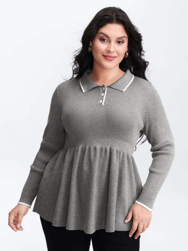 Polo Collar Cinched-Waist Flared Pullover sold by Bloomchic