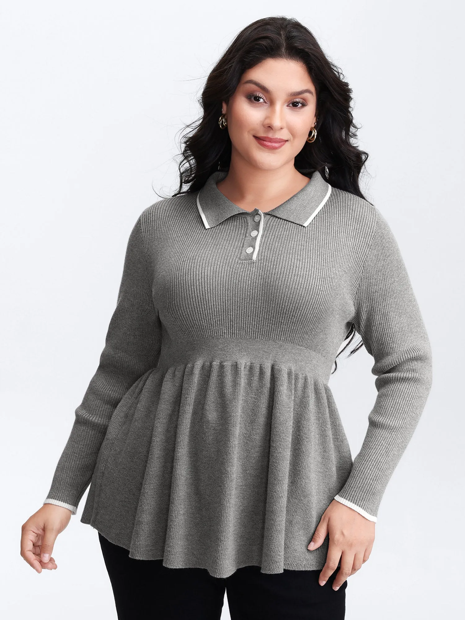 Polo Collar Cinched-Waist Flared Pullover sold by Bloomchic