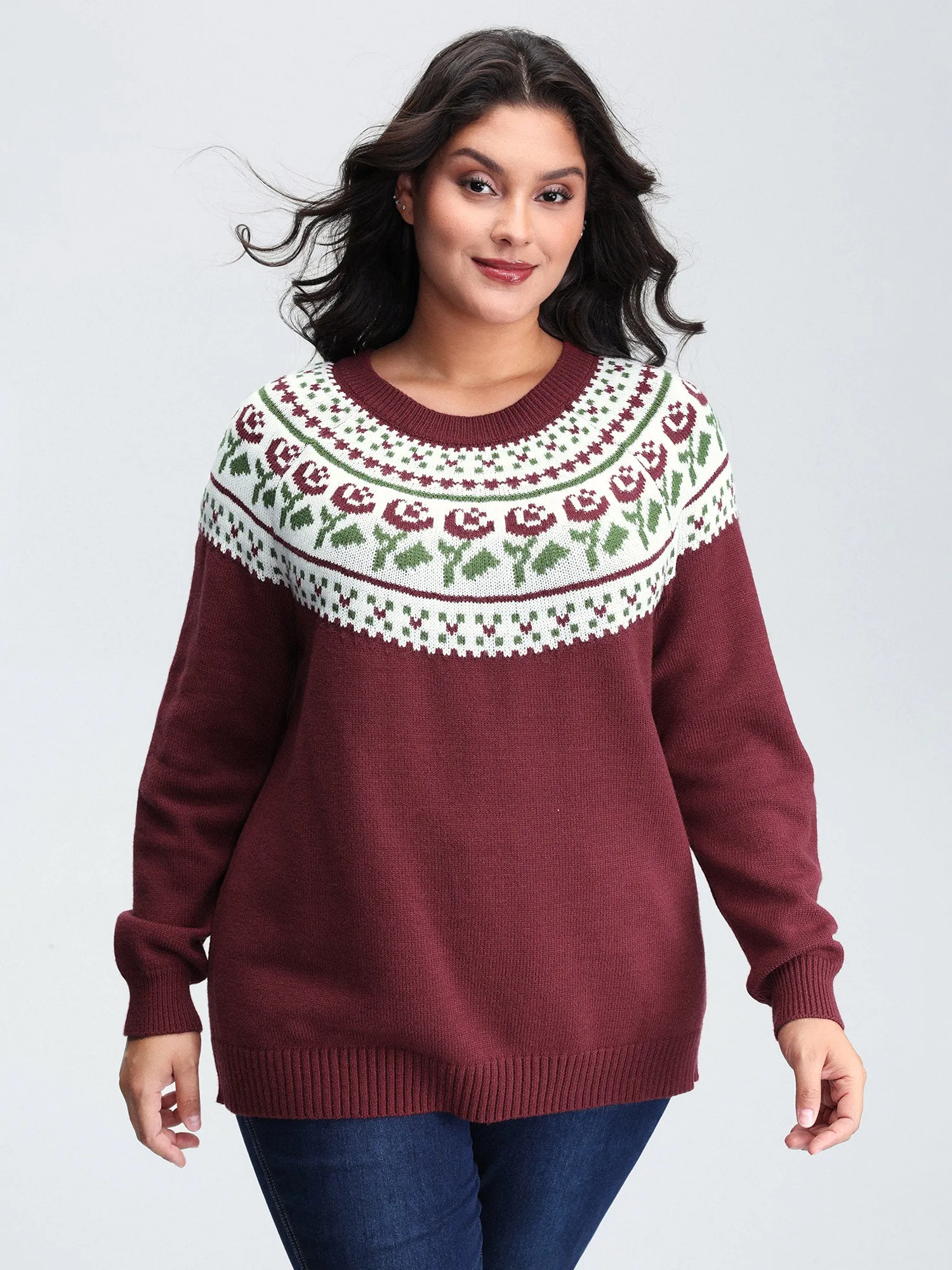 Floral Fair Isle Raglan Sleeve Pullover sold by Bloomchic