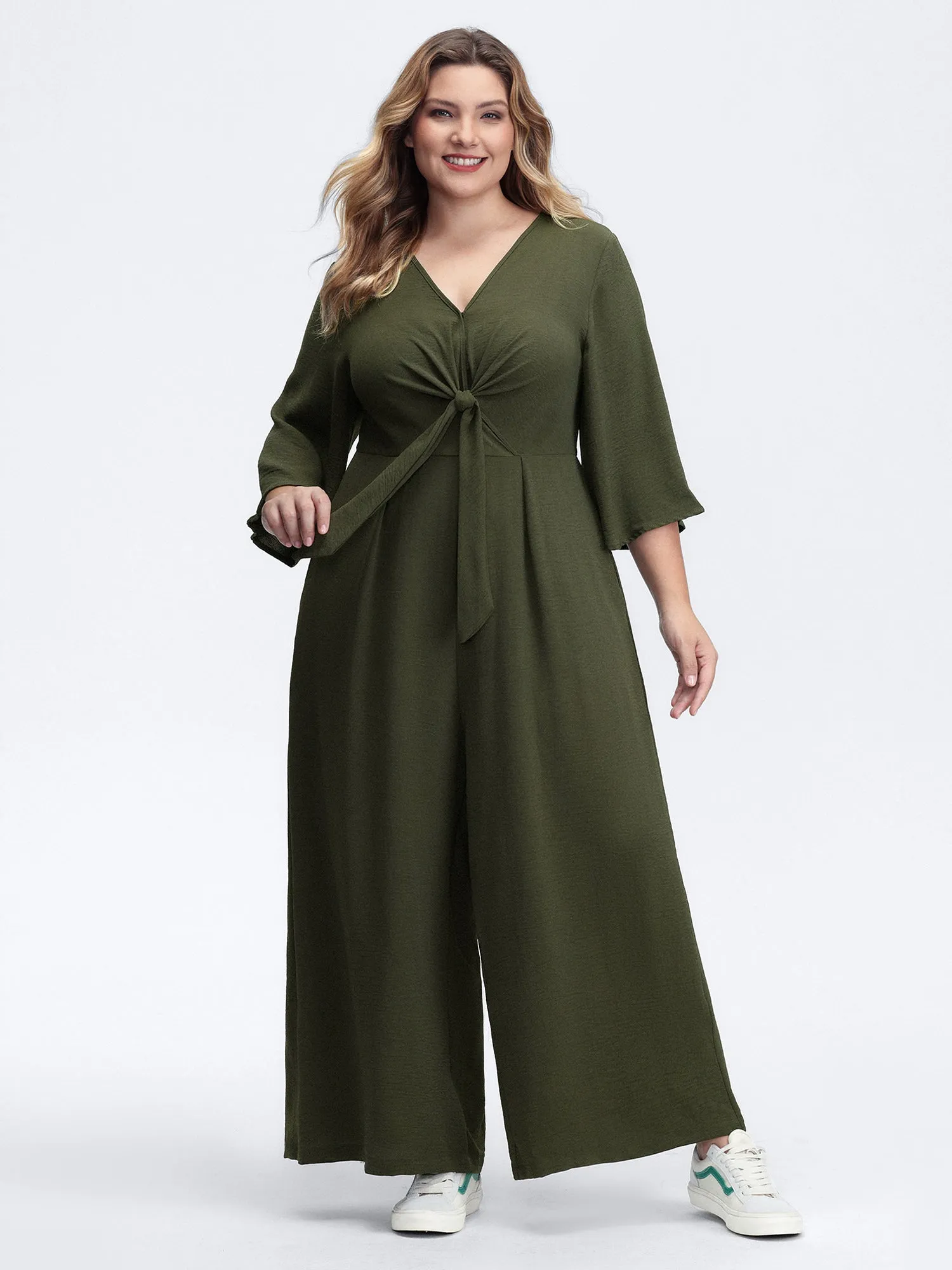 Tie-Front Three Quarter Sleeve Jumpsuit sold by Bloomchic