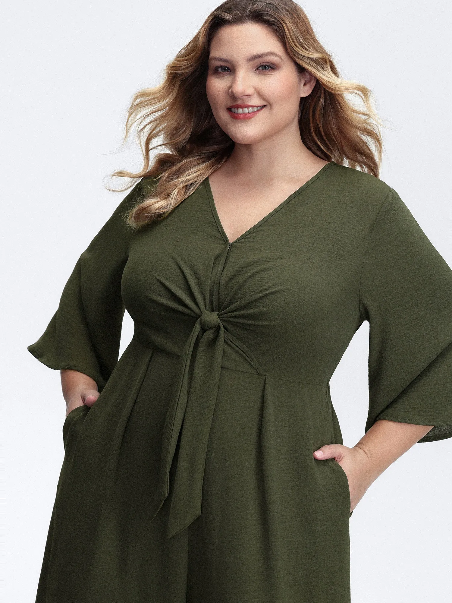 Tie-Front Three Quarter Sleeve Jumpsuit sold by Bloomchic product image thumbnail 2