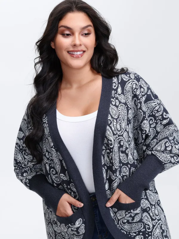 Supersoft Arc Hem Paisley Print Pocket Knit Cardigan sold by Bloomchic