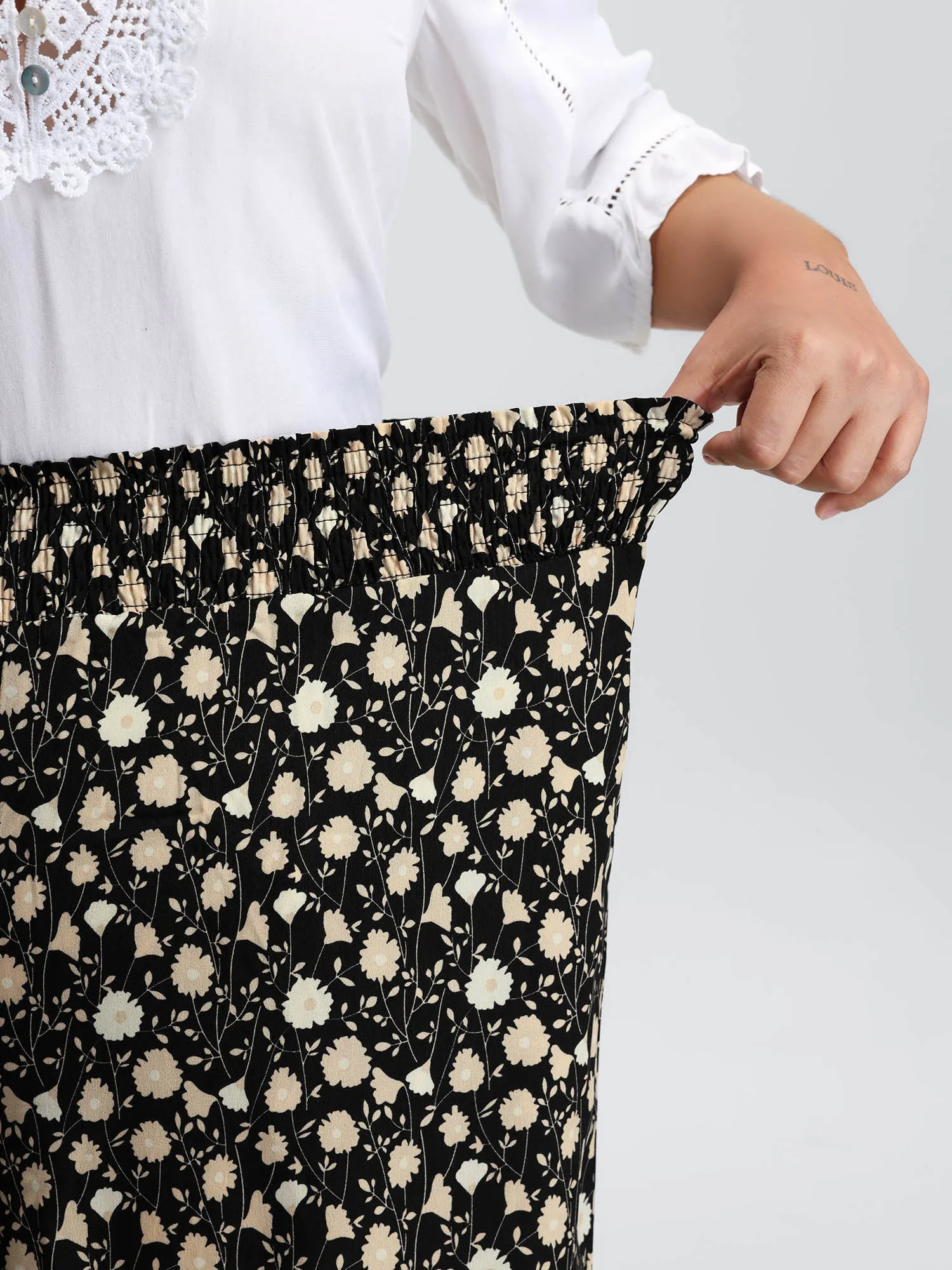 Floral Print Shirred Wide Waistband Tiered Pants sold by Bloomchic product image thumbnail 4