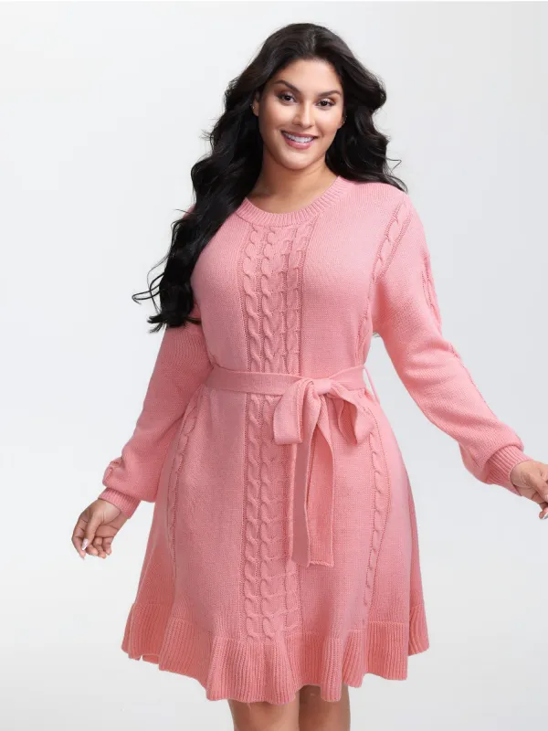 Textured Ruffled Hem Belted Knit Midi Dress sold by Bloomchic