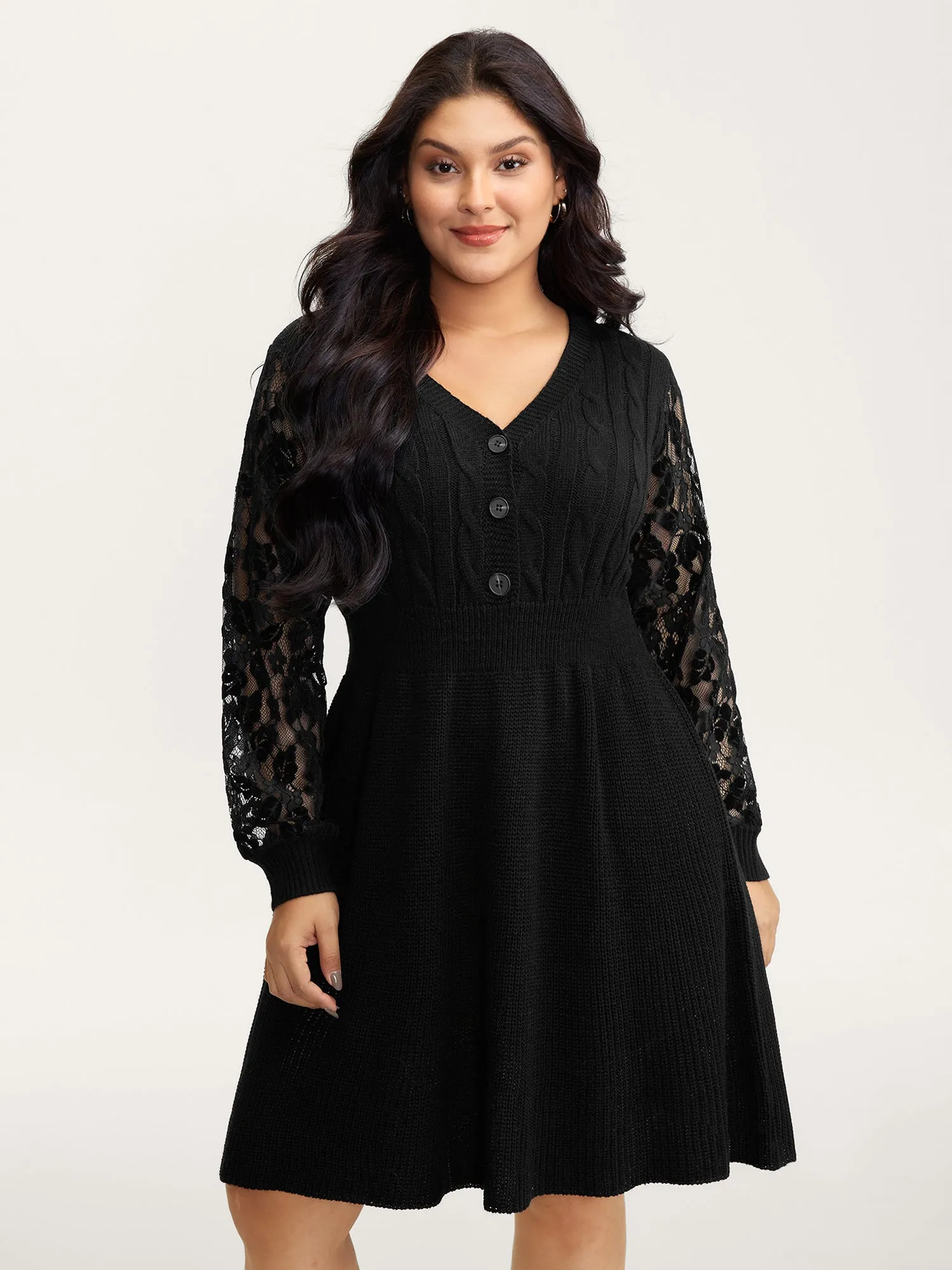 Sheer Lace Sleeve Patchwork Sweater Dress sold by Bloomchic