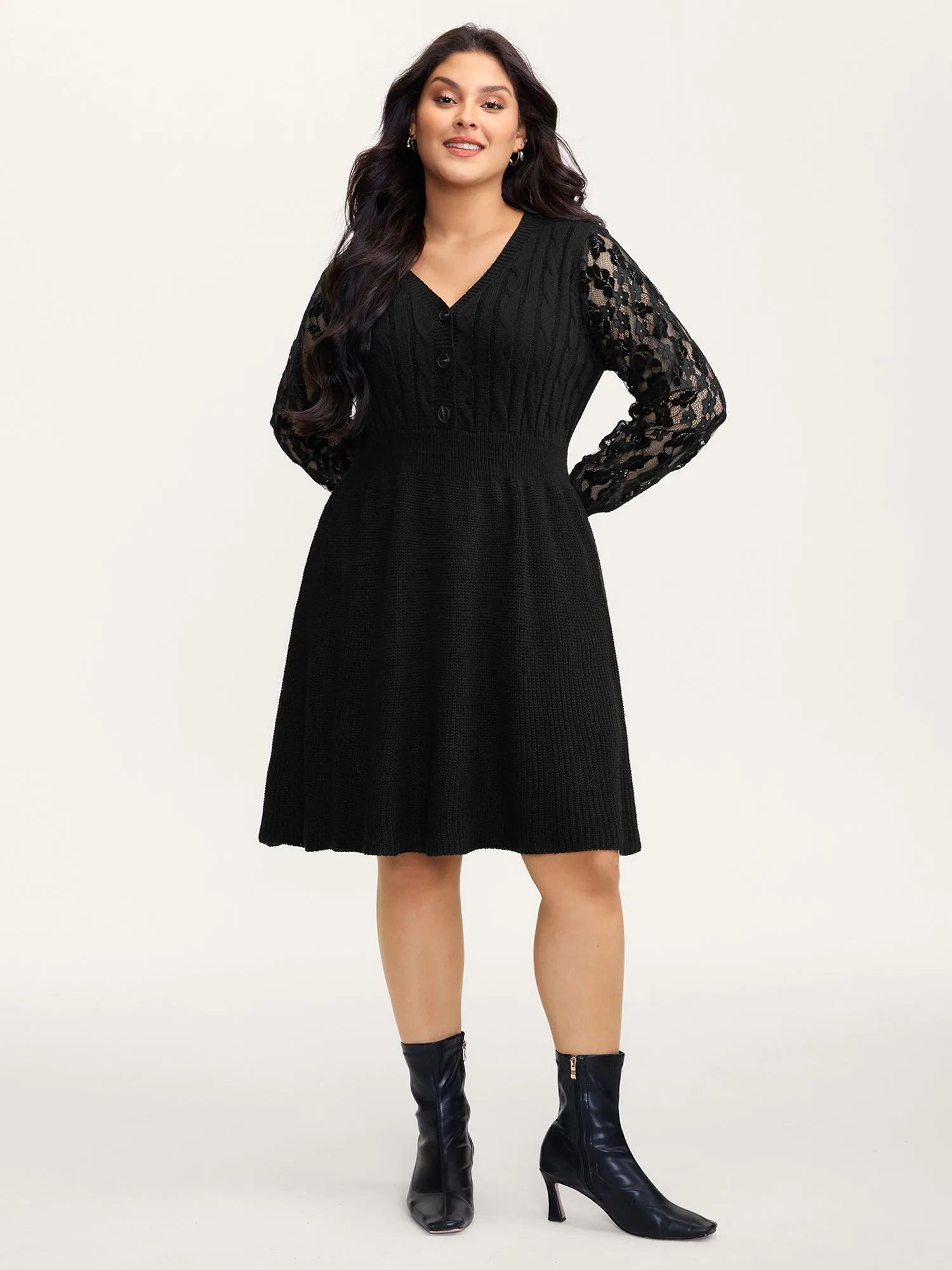 Sheer Lace Sleeve Patchwork Sweater Dress sold by Bloomchic product image thumbnail 3