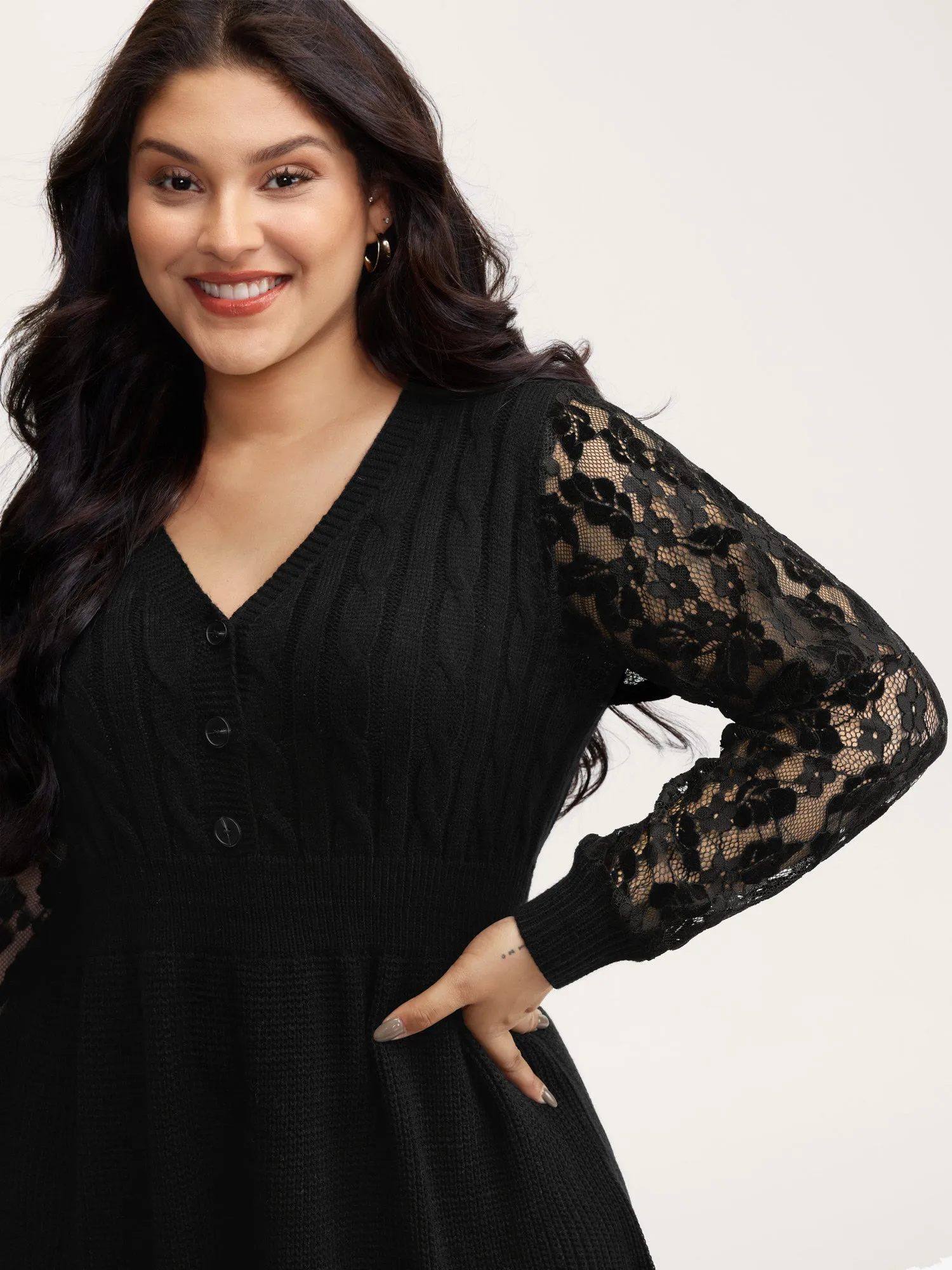 Sheer Lace Sleeve Patchwork Sweater Dress sold by Bloomchic product image thumbnail 2